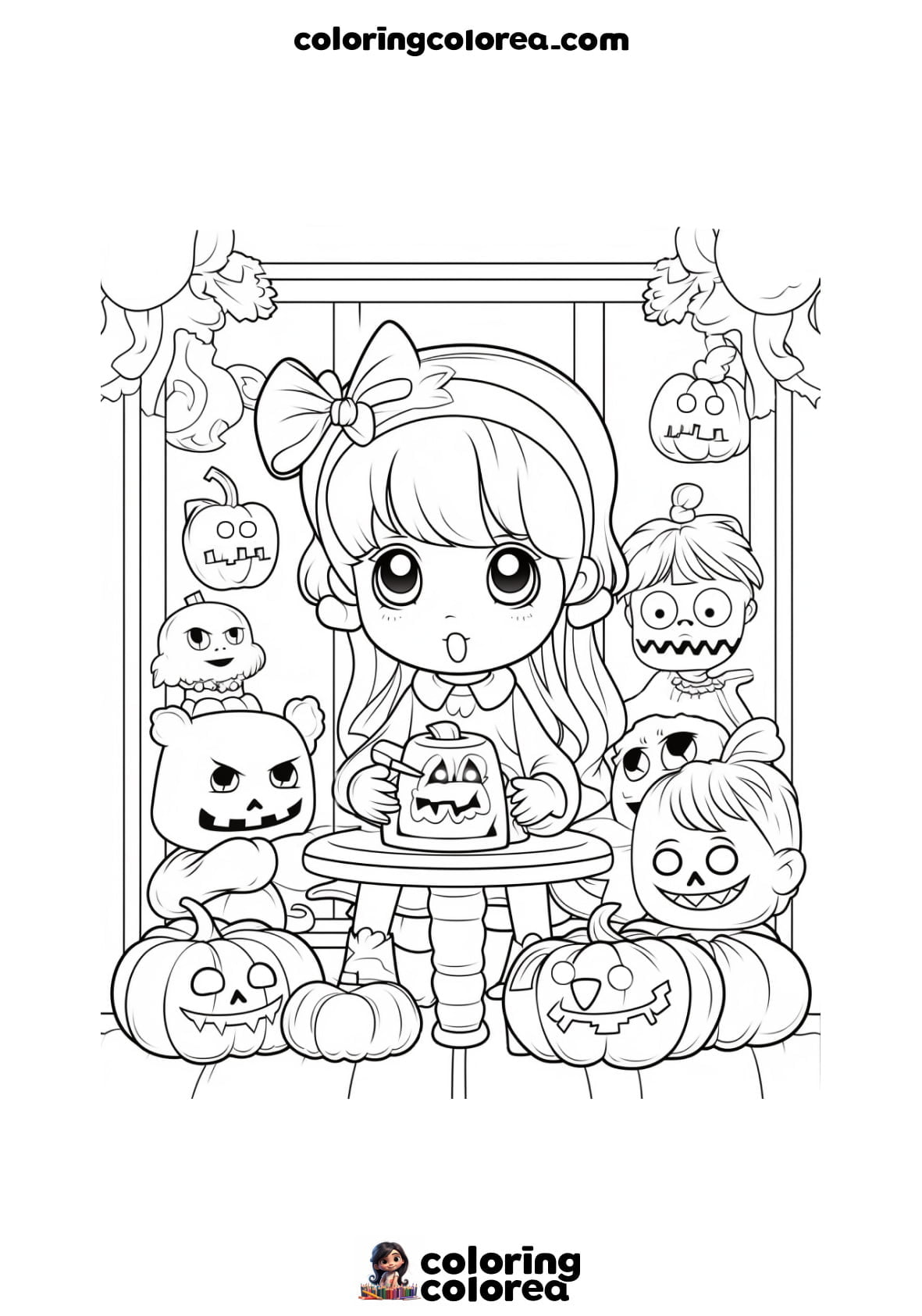 Dibujo para colorear de una niña con varios adornos de halloween