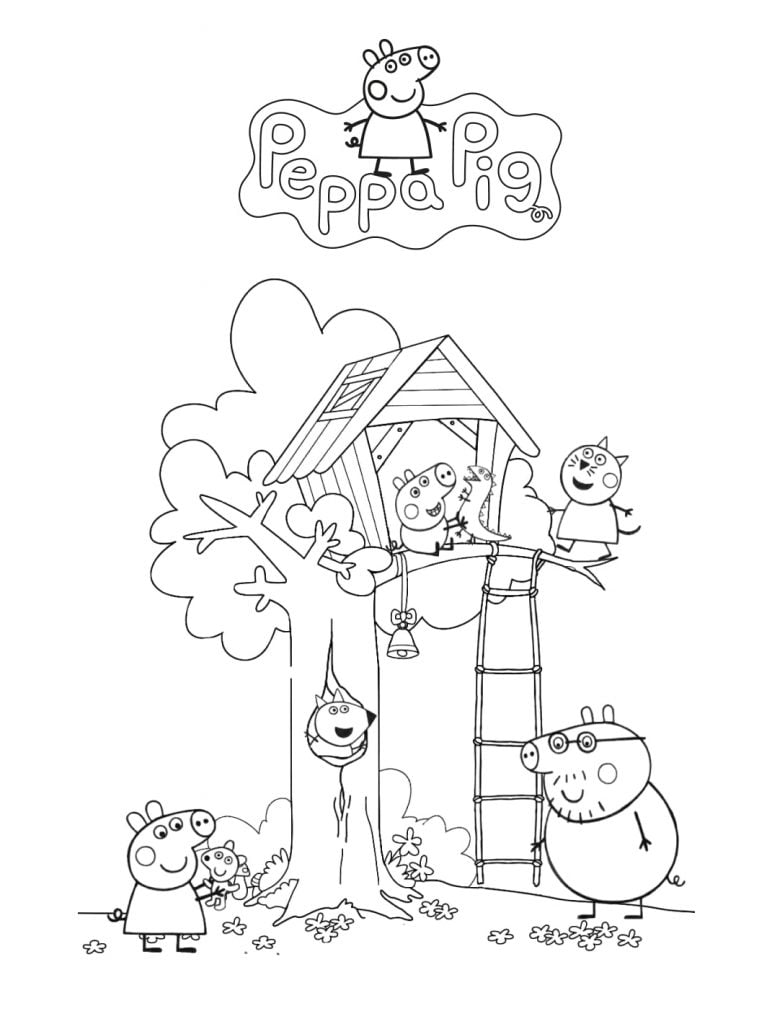 Dibujo para colorear de Peppa Pig y la casa del arbol