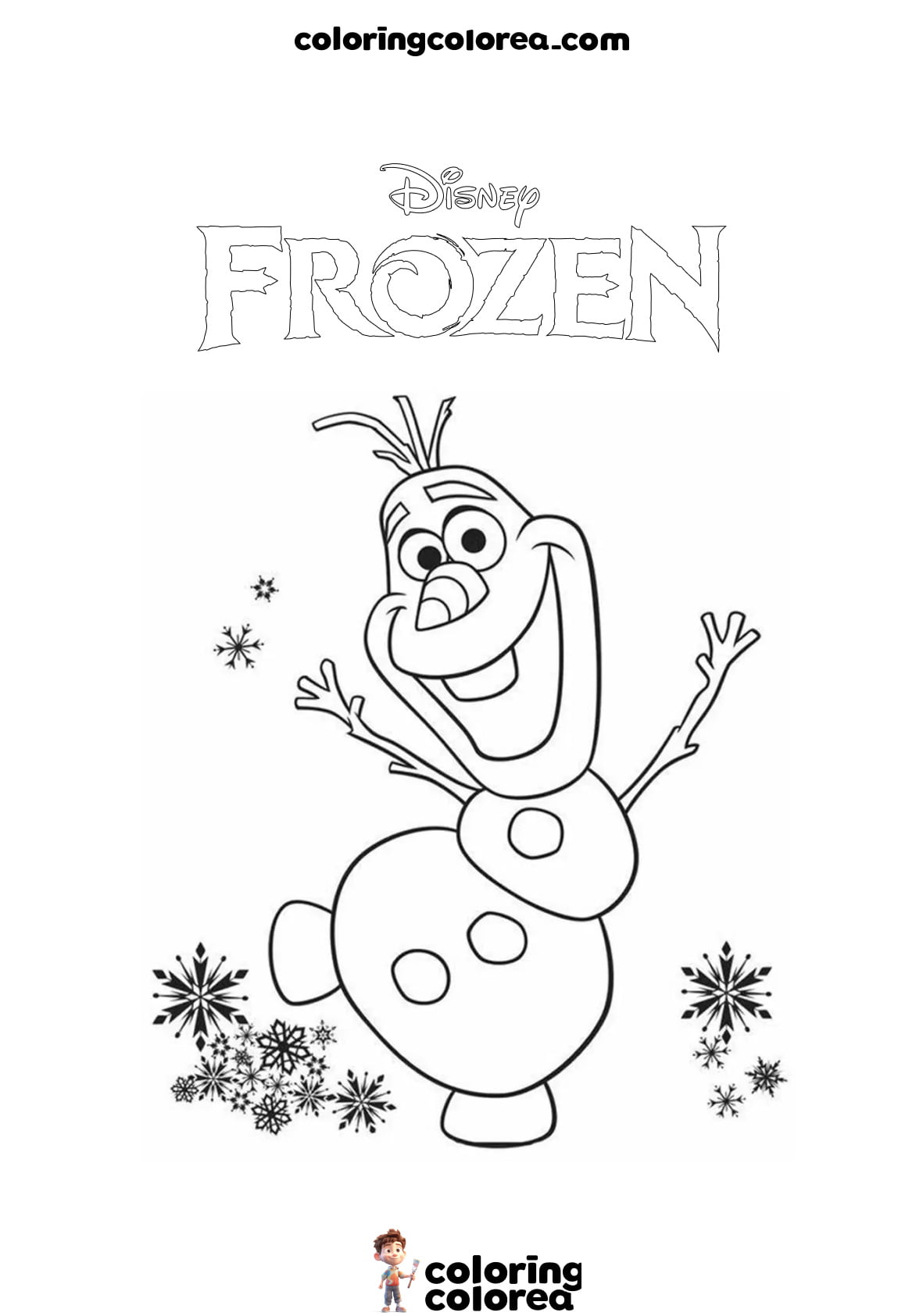 Colouring drawing of Olaf, the cute snowman from Frozen