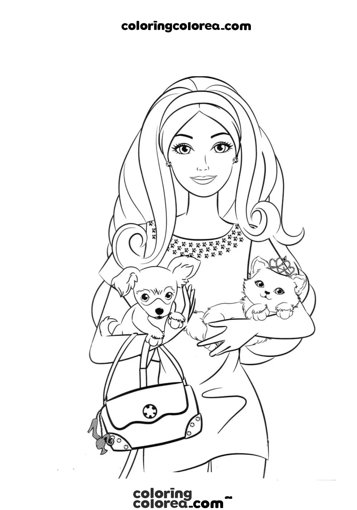 Dibujo para colorear de Barbie con un gatito y un perro en brazos