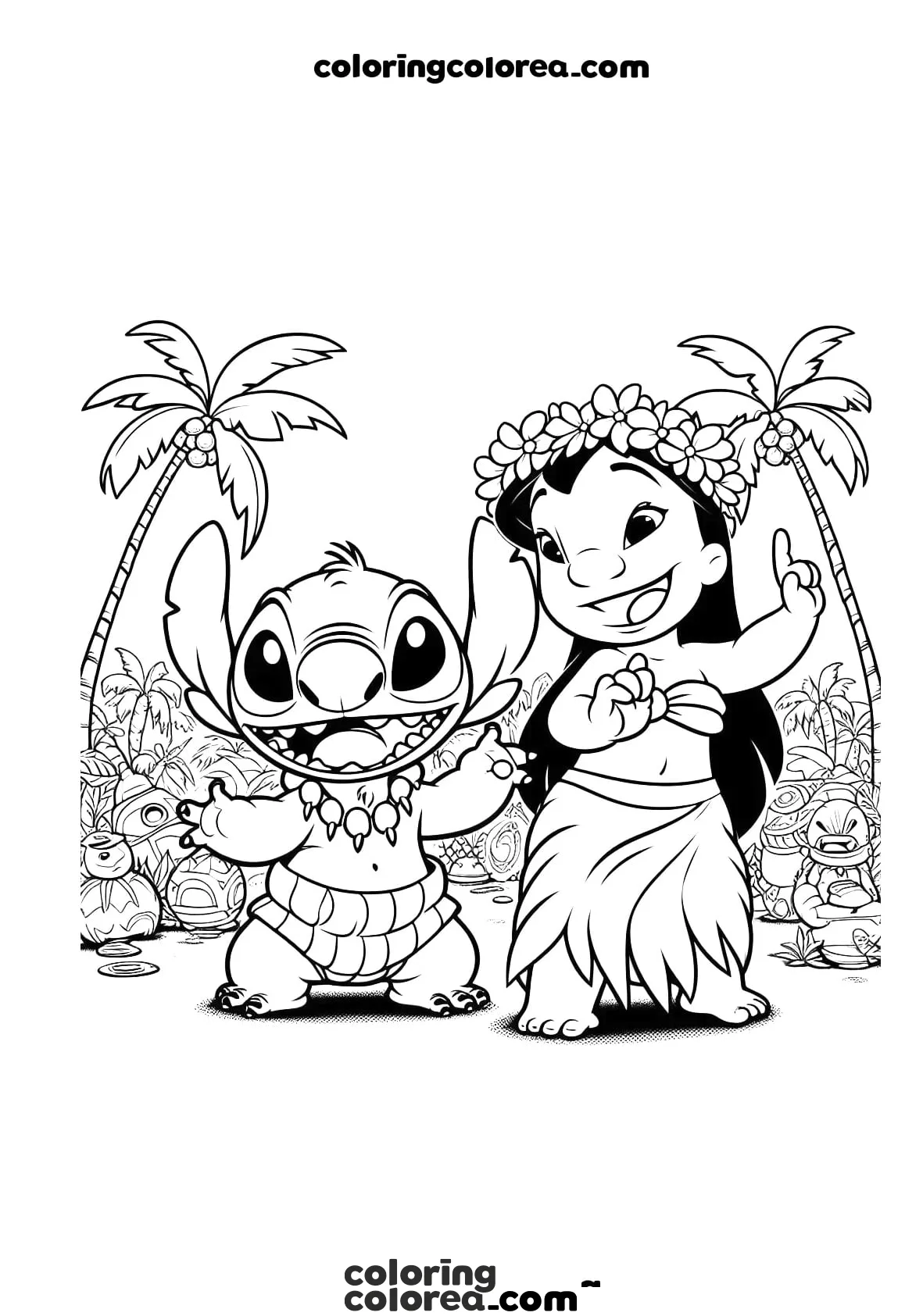 Dibujo para colorear de Lilo y Stich en la playa