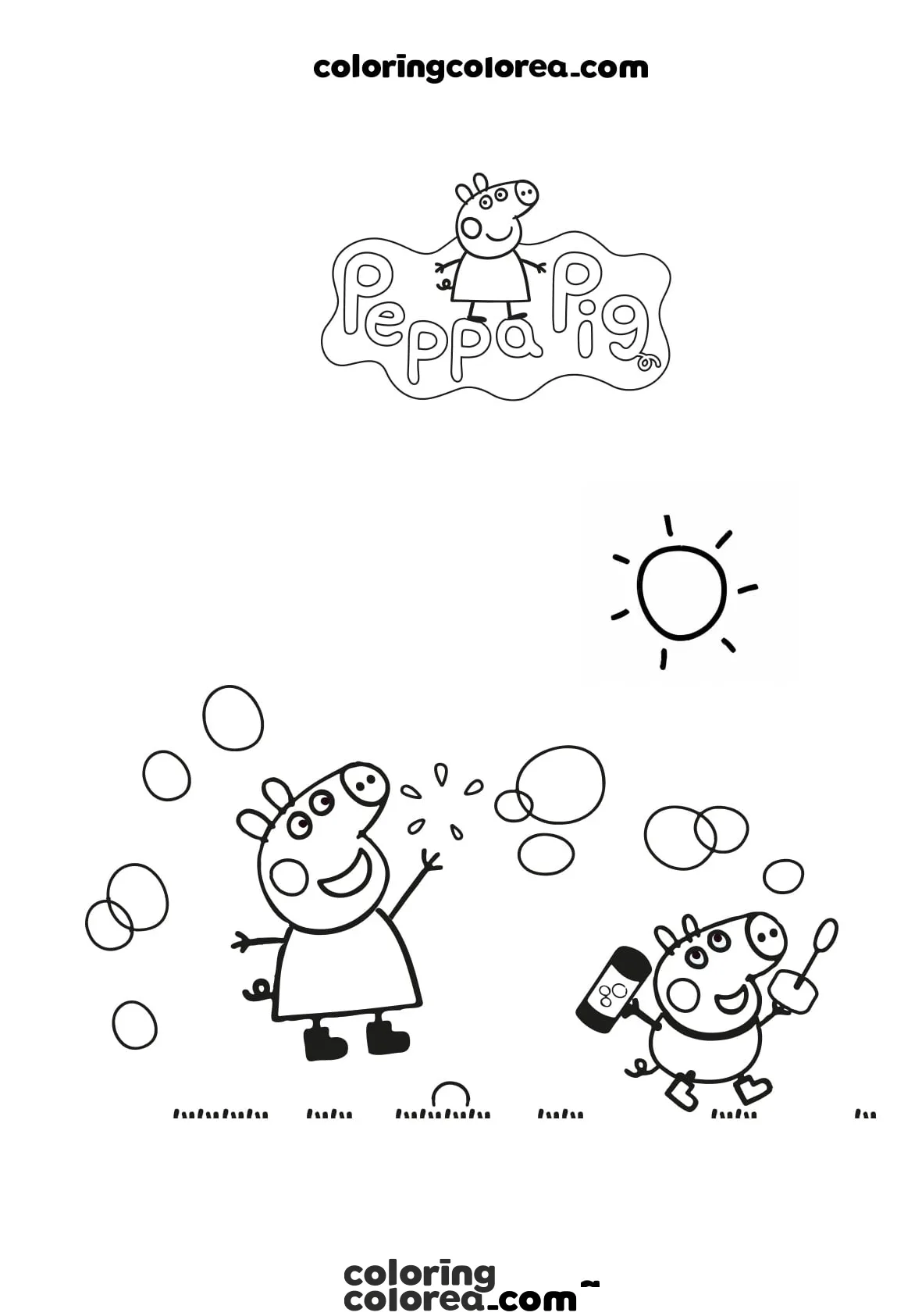 Dibujo para colorear de Peppa Pig explotando pompas de jabón con su hermano George
