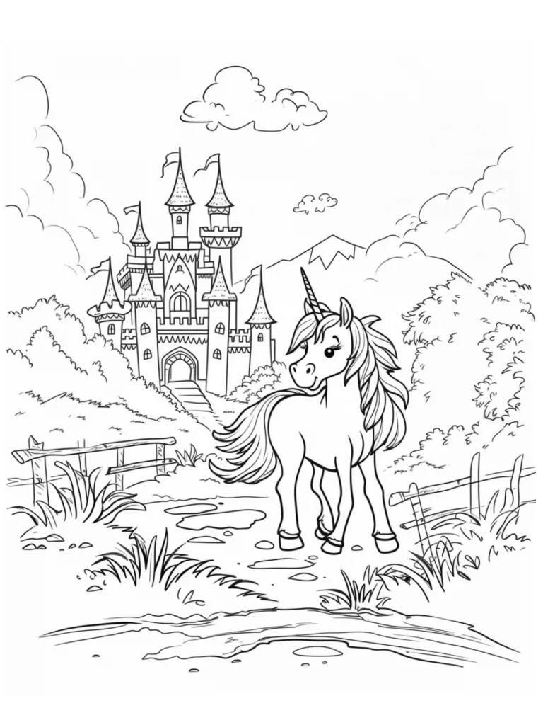 colorear unicornio castillo - Pequeños monos amigos