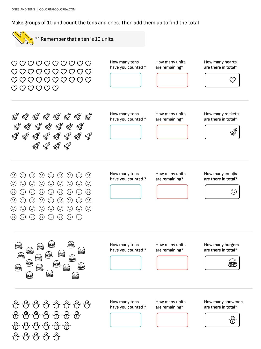 Maths homework sheet: Units and tens. Age 7