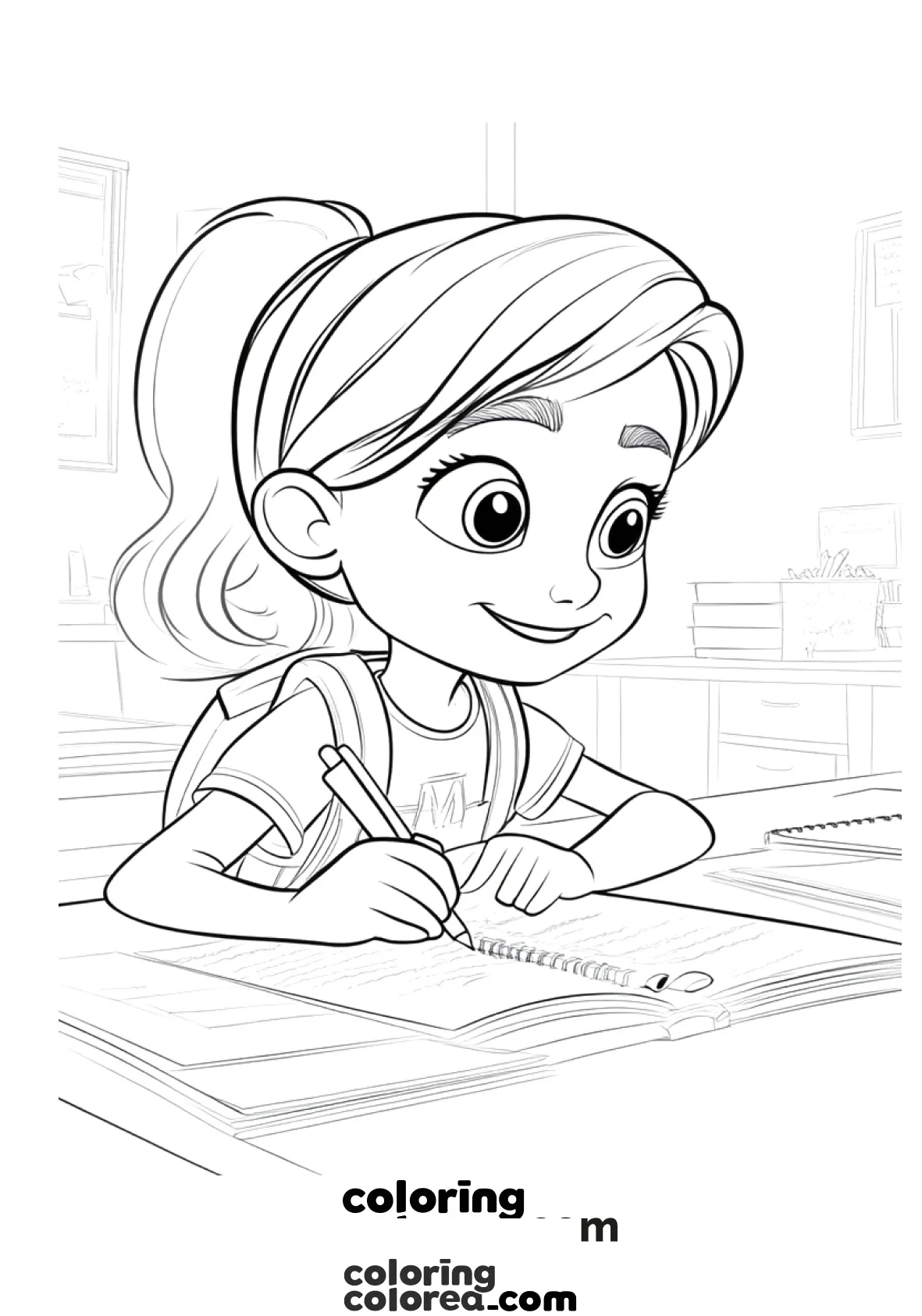 Dibujo para colorear de una niña en la escuela
