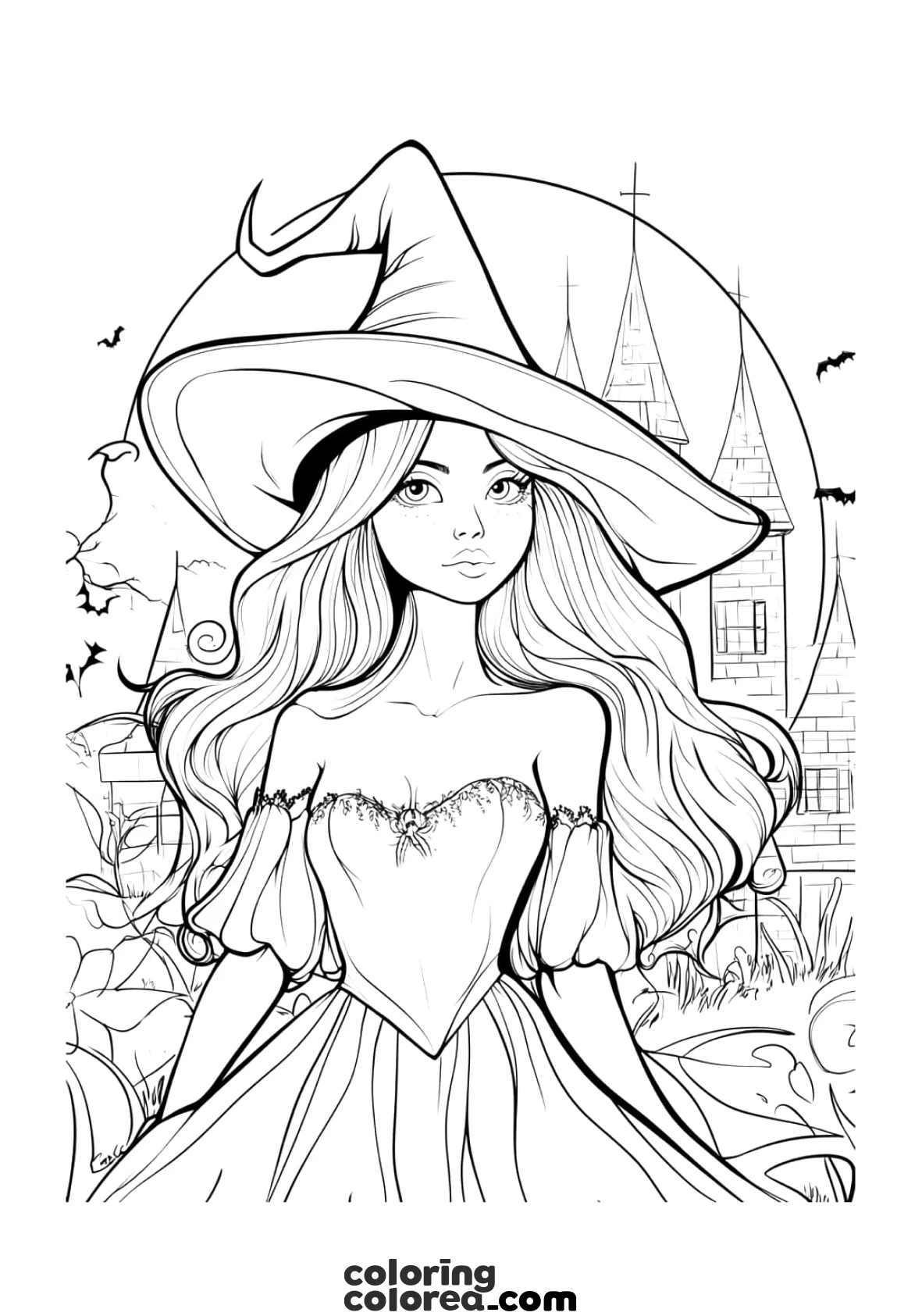 Dibujo para colorear de una bruja en Halloween