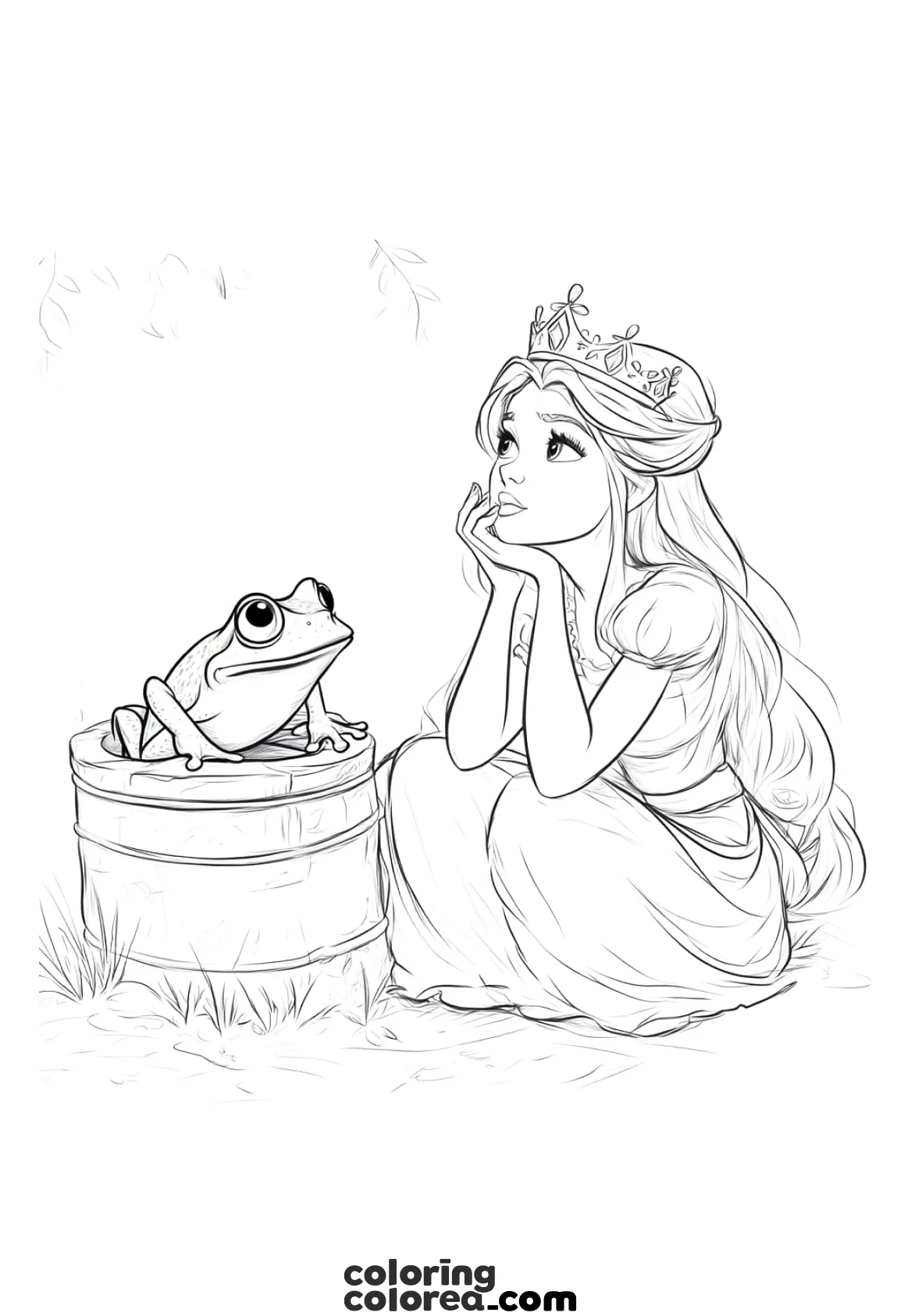 Colouring drawing of a Princess talking to the frog