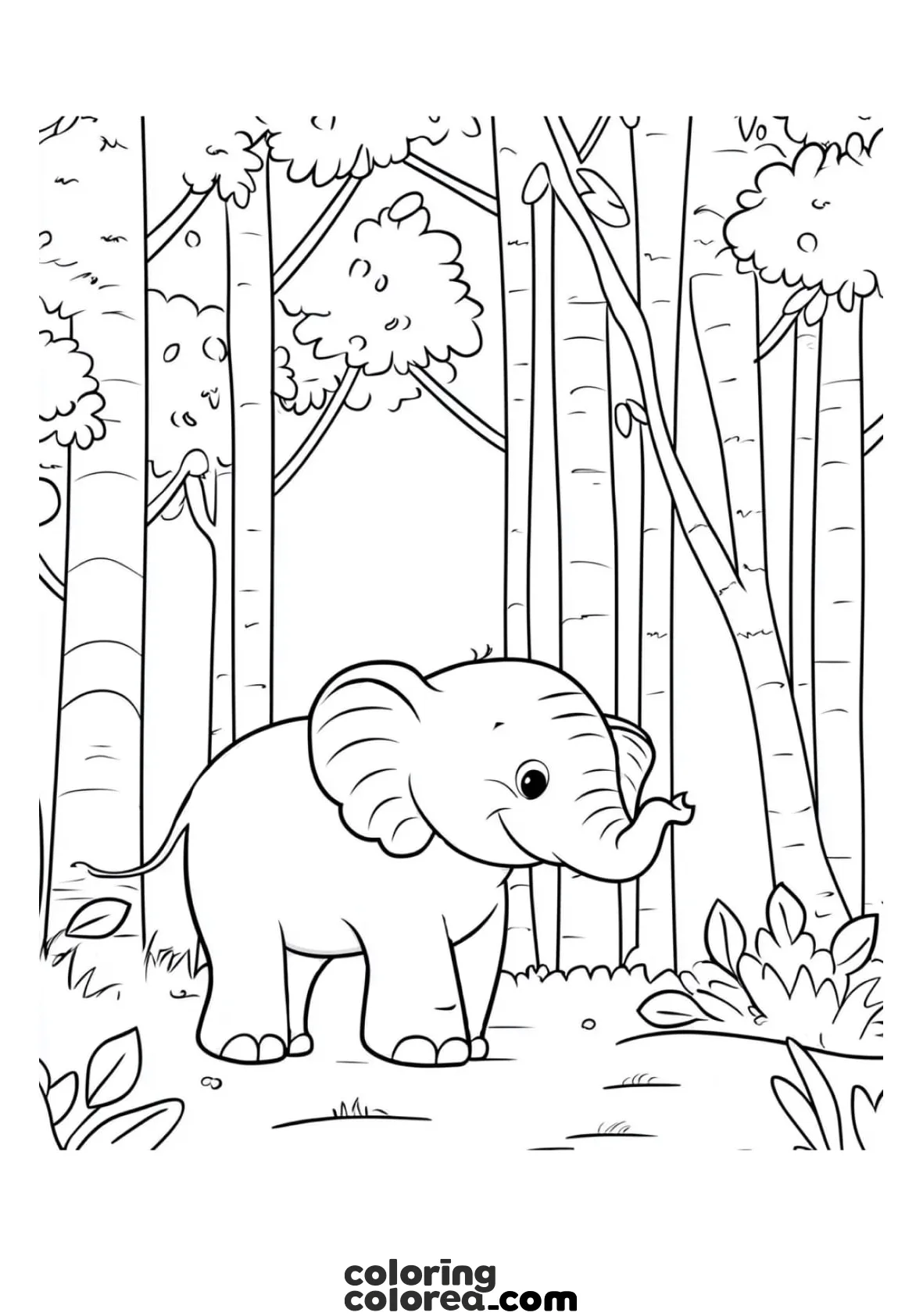 Dibujo para colorear de un pequeño elefante en la Selva