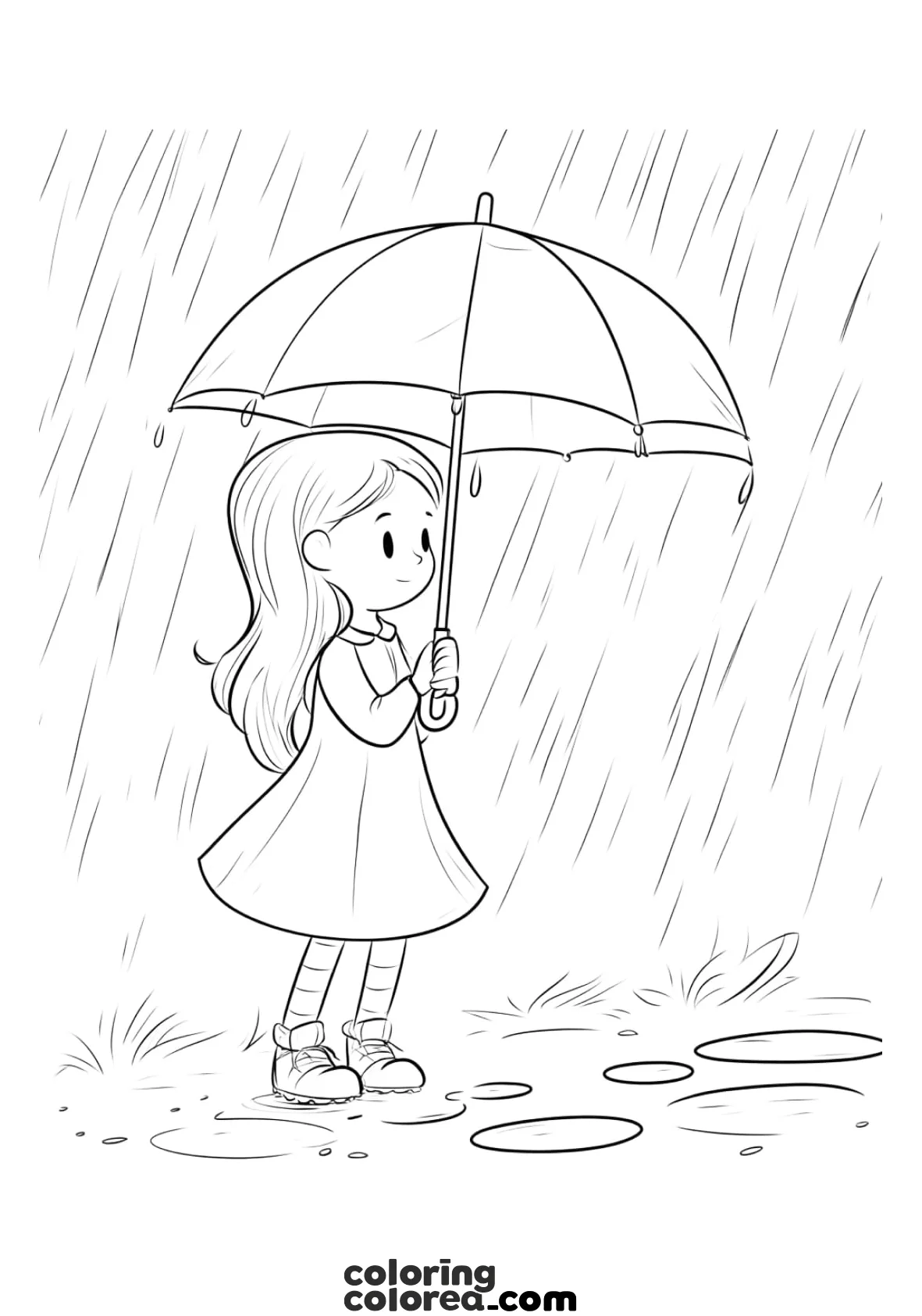 Drawing for colouring of a girl under the programme on a rainy day