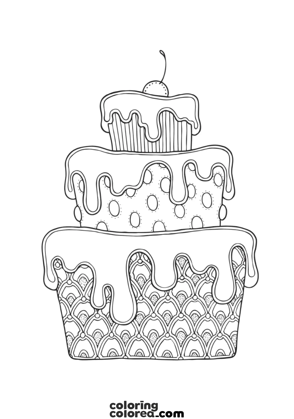 Drawing for colouring of a delicious cake