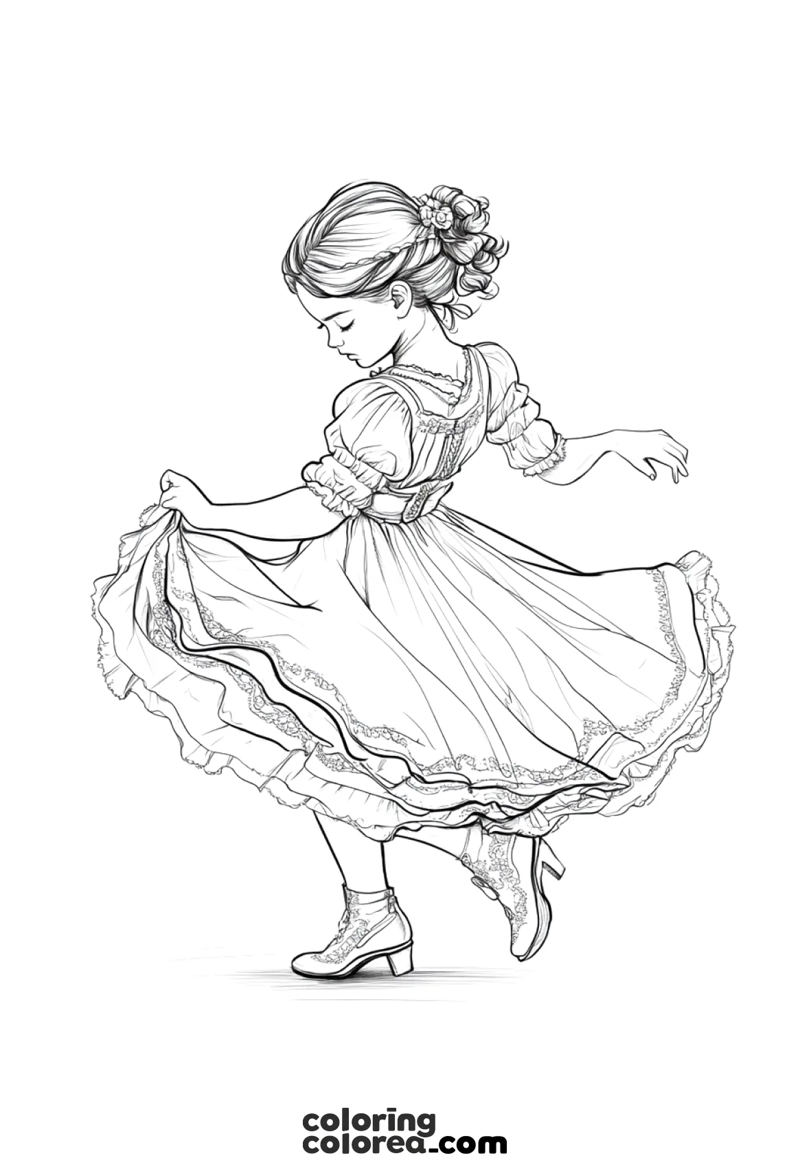 Drawing for colouring of a girl in a folkloric dance