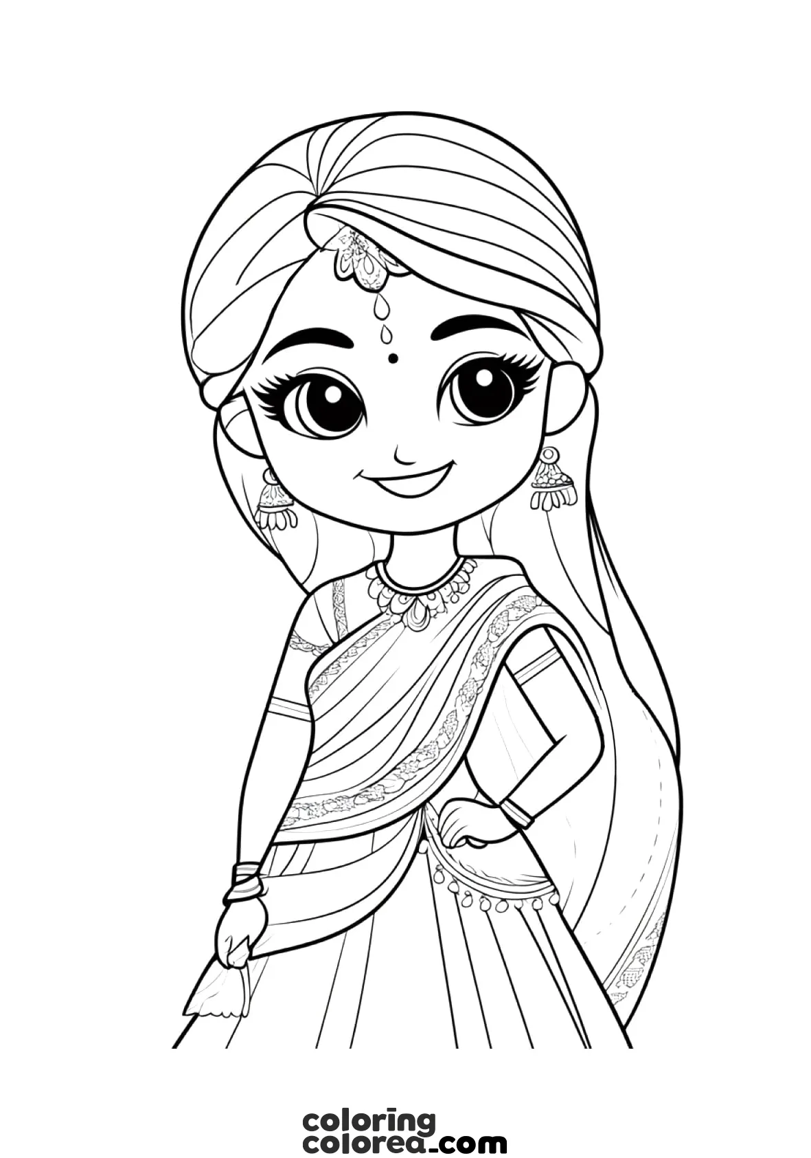 Colouring-in drawing of a young Hindu woman, perhaps a princess.