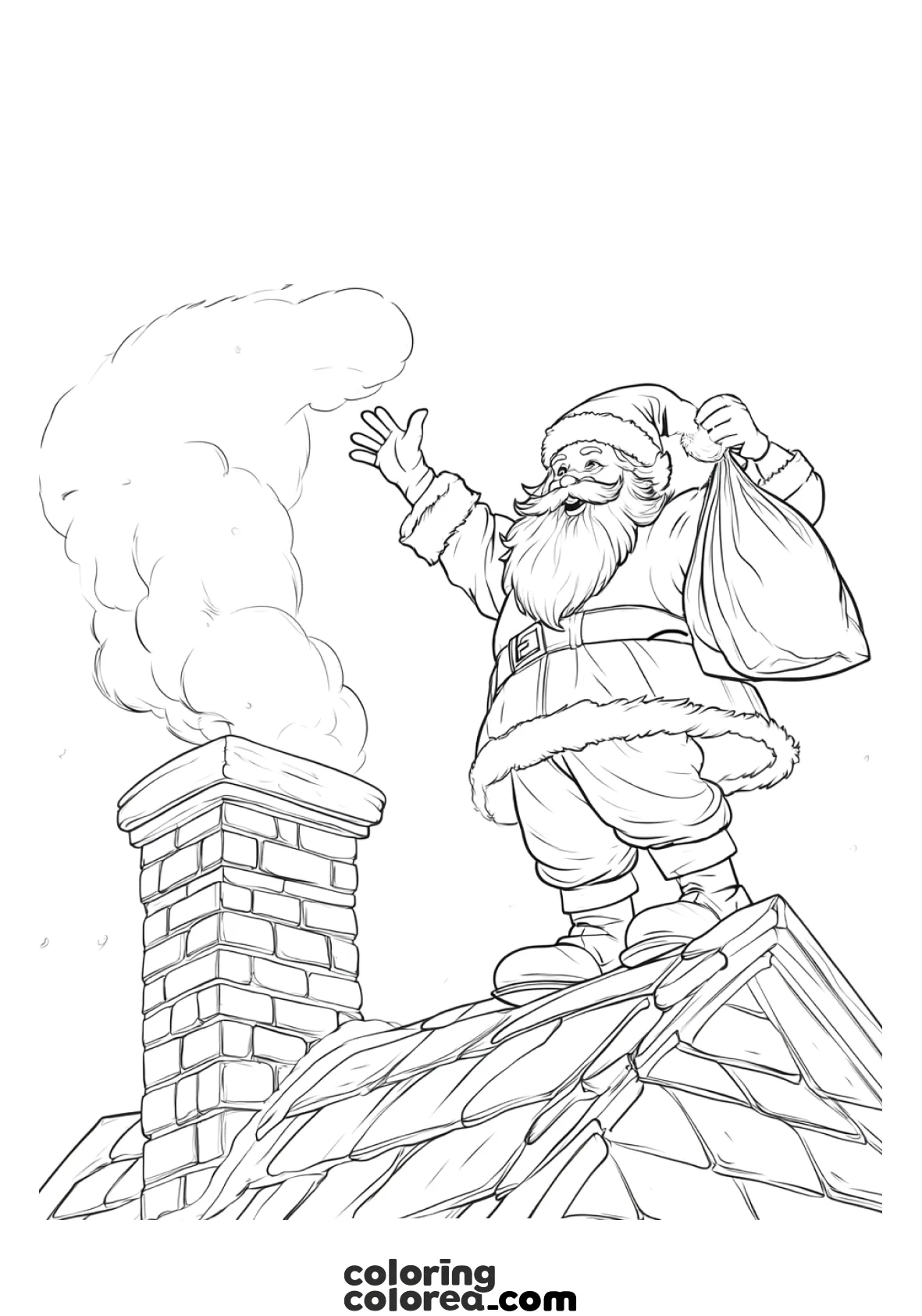 Colouring drawing of Father Christmas on the roof with a big sack full of presents