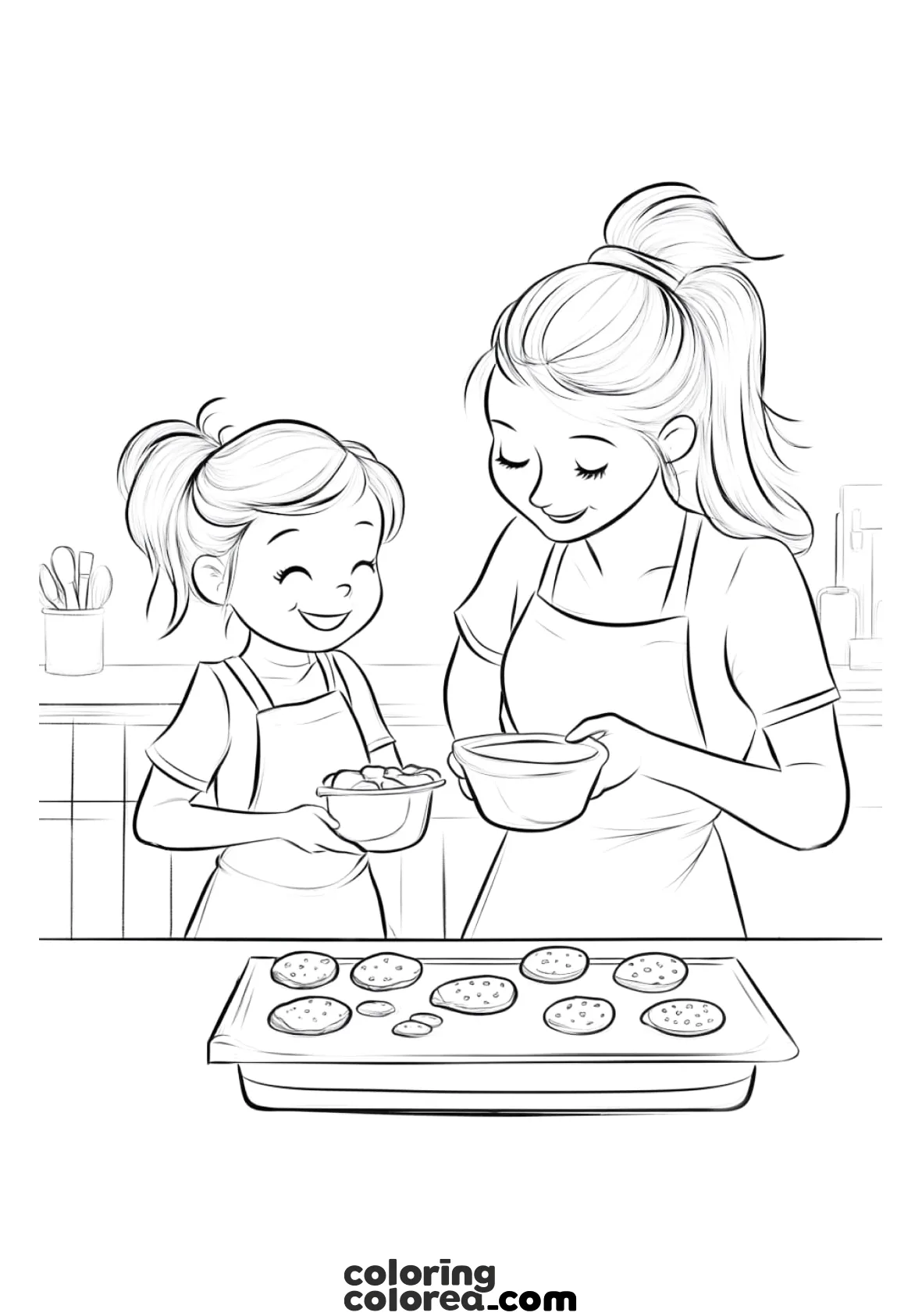 Colouring drawing of a mother and daughter baking biscuits