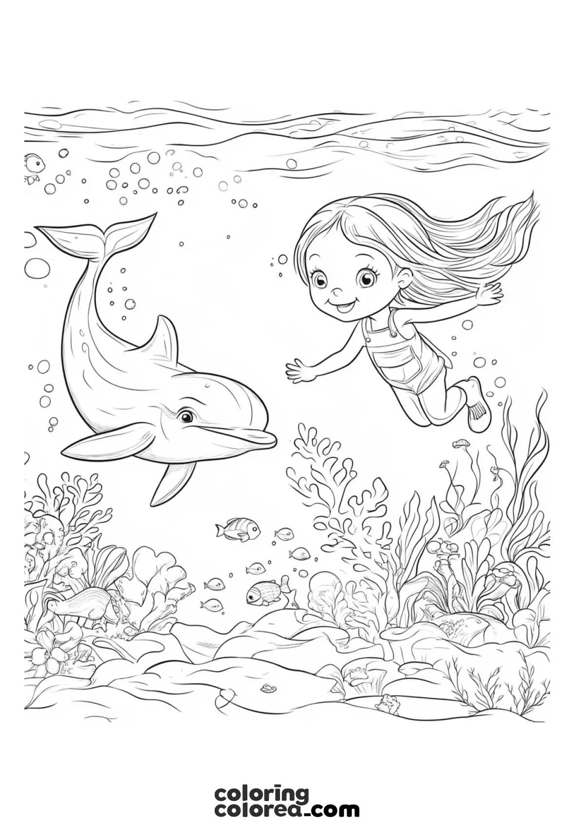 Colouring pages of a girl swimming with a dolphin