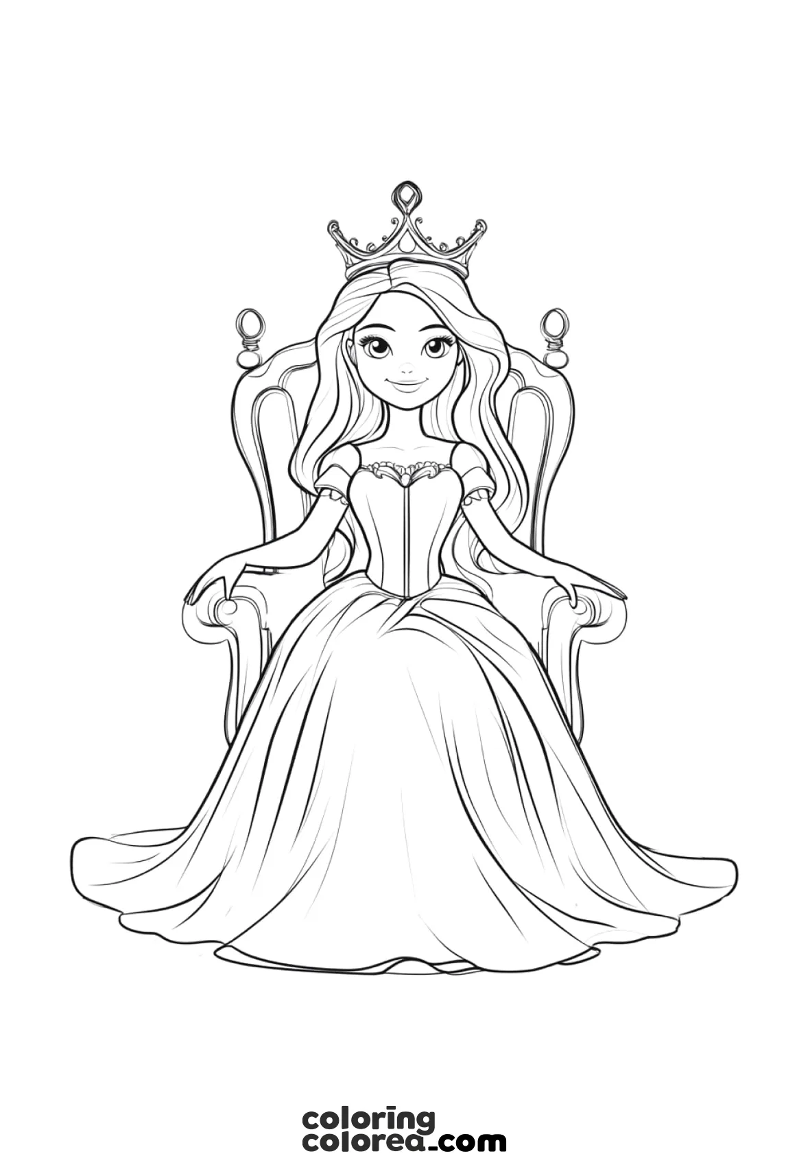 Drawing of the princess sitting on the throne to colour