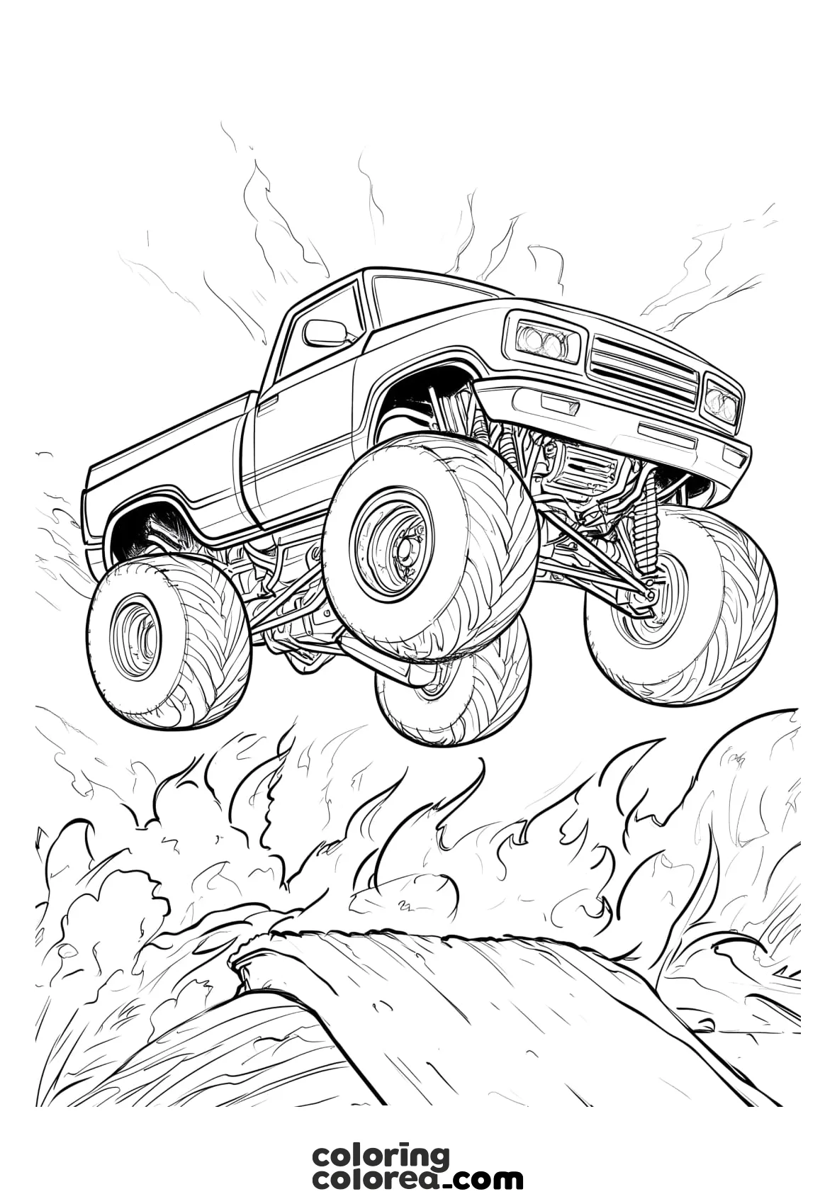 Colouring drawing of a monster truck jumping over fire
