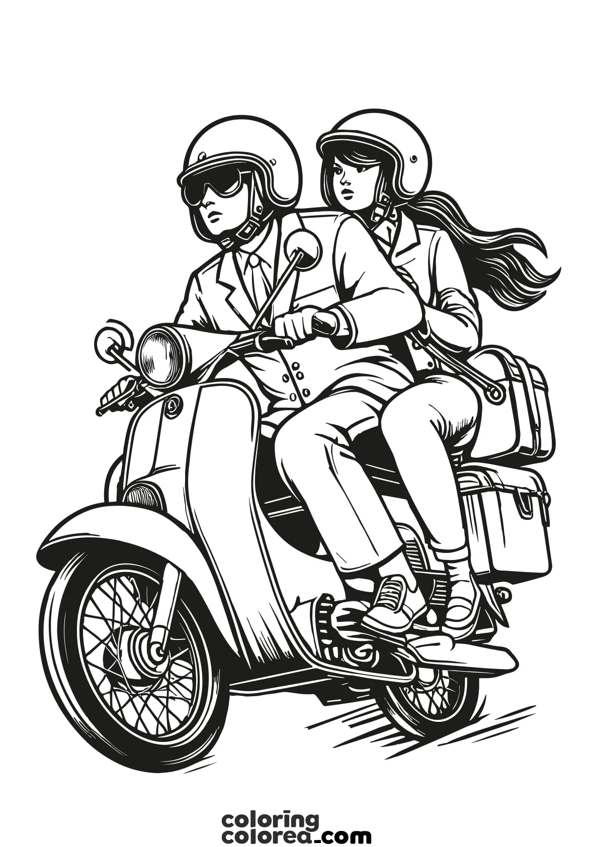 Colouring drawing of a mythical image of a Vespa scooter travelling with two people.