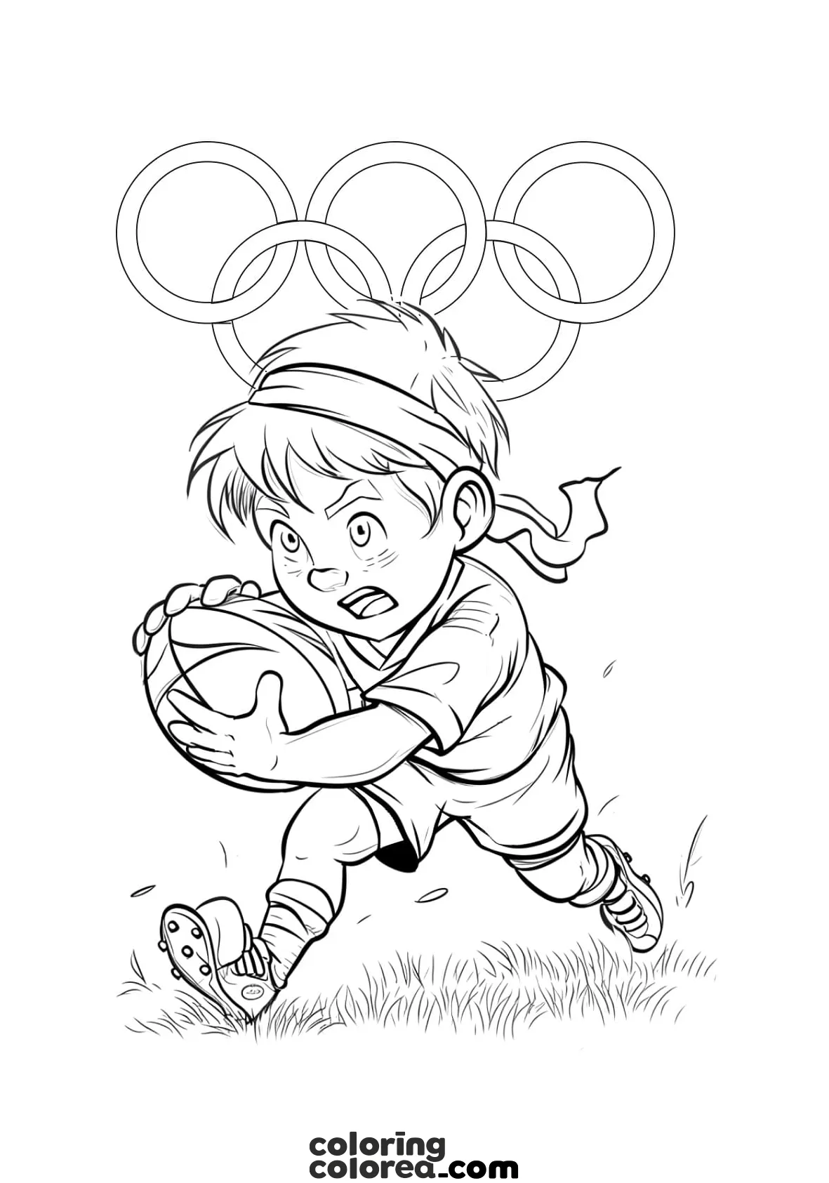 Colouring drawing of a boy playing rugby