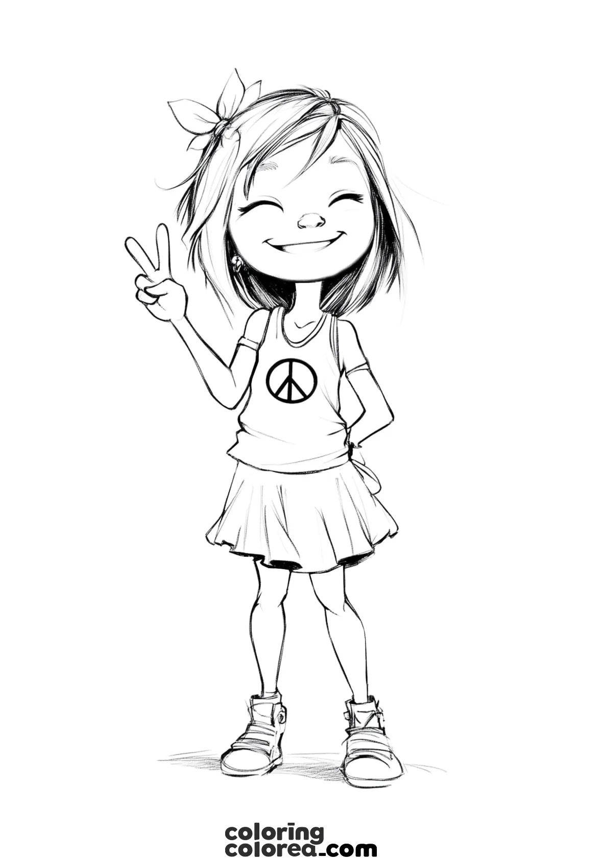 Drawing for colouring in peace. A girl wearing a T-shirt with a peace symbol.