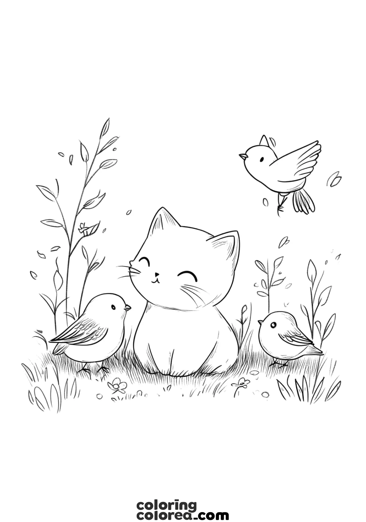Colouring drawing of a kitten and his friends the birds