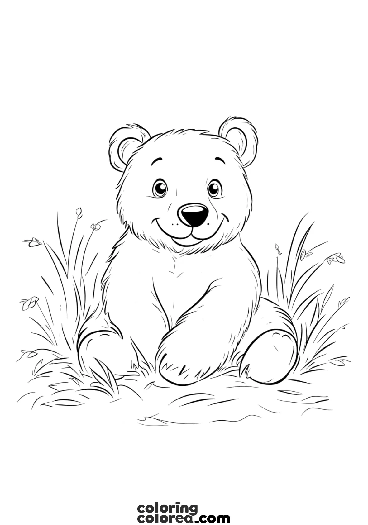 Dibujo para colorear de un oso sentado en el campo
