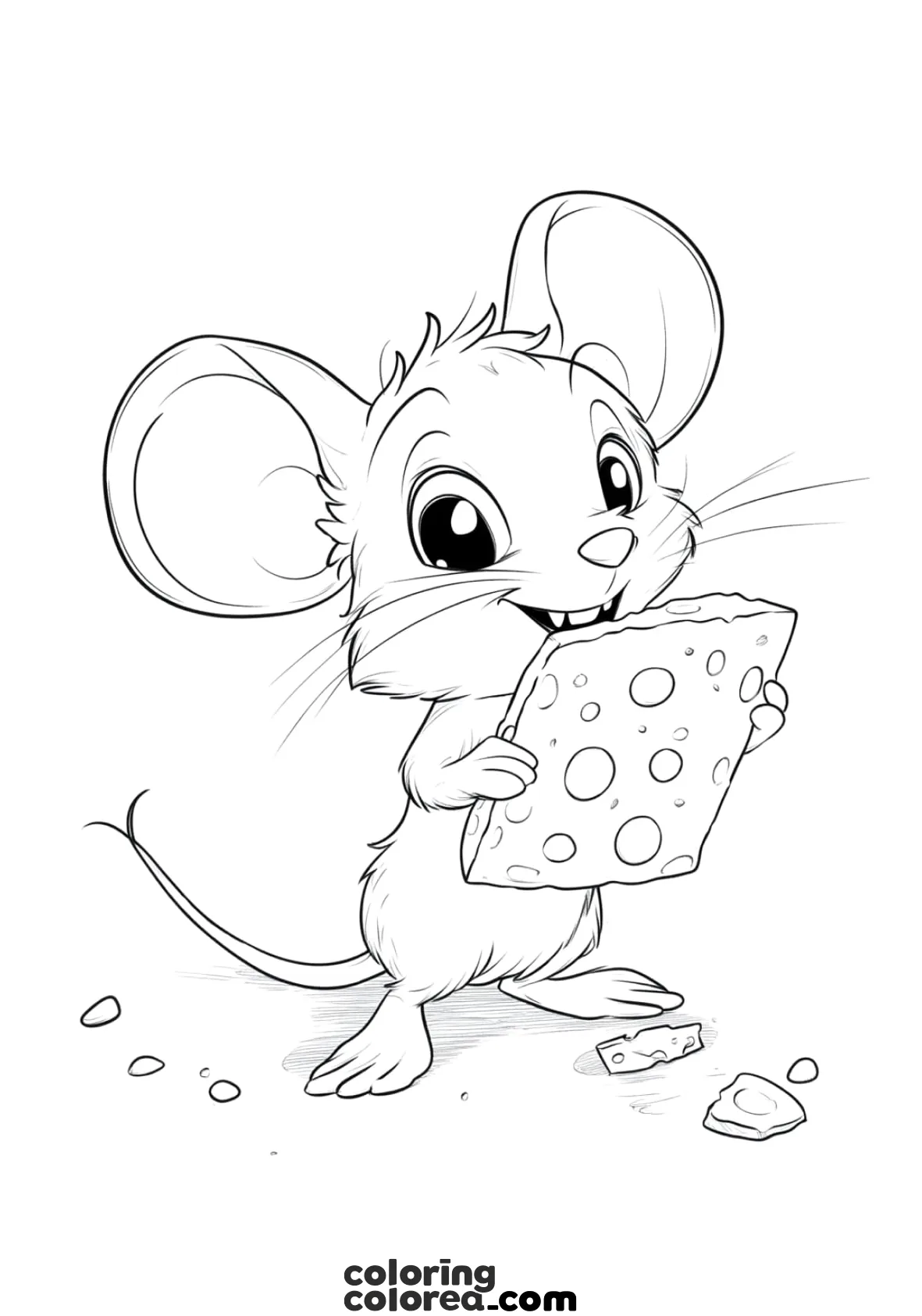 Colouring drawing of a mouse who has stolen a piece of cheese.
