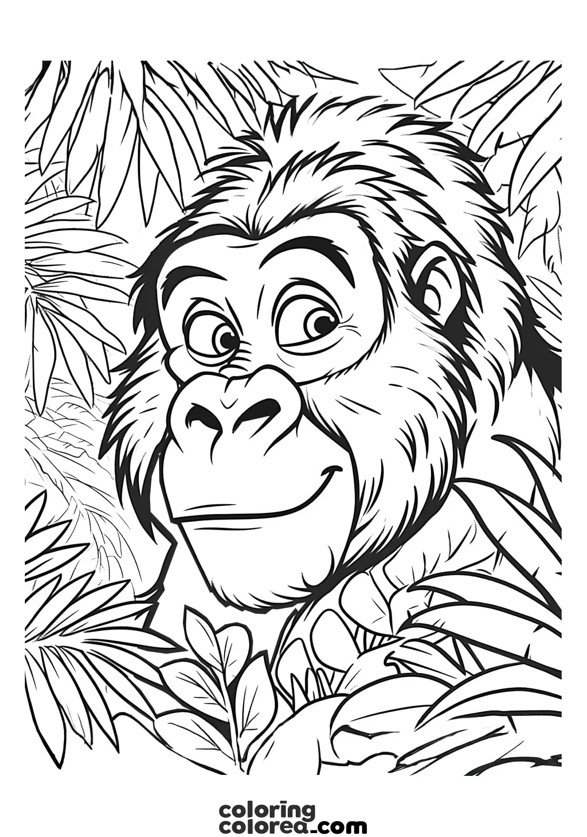 Colouring drawing of a Gorilla among the leaves of the Jungle