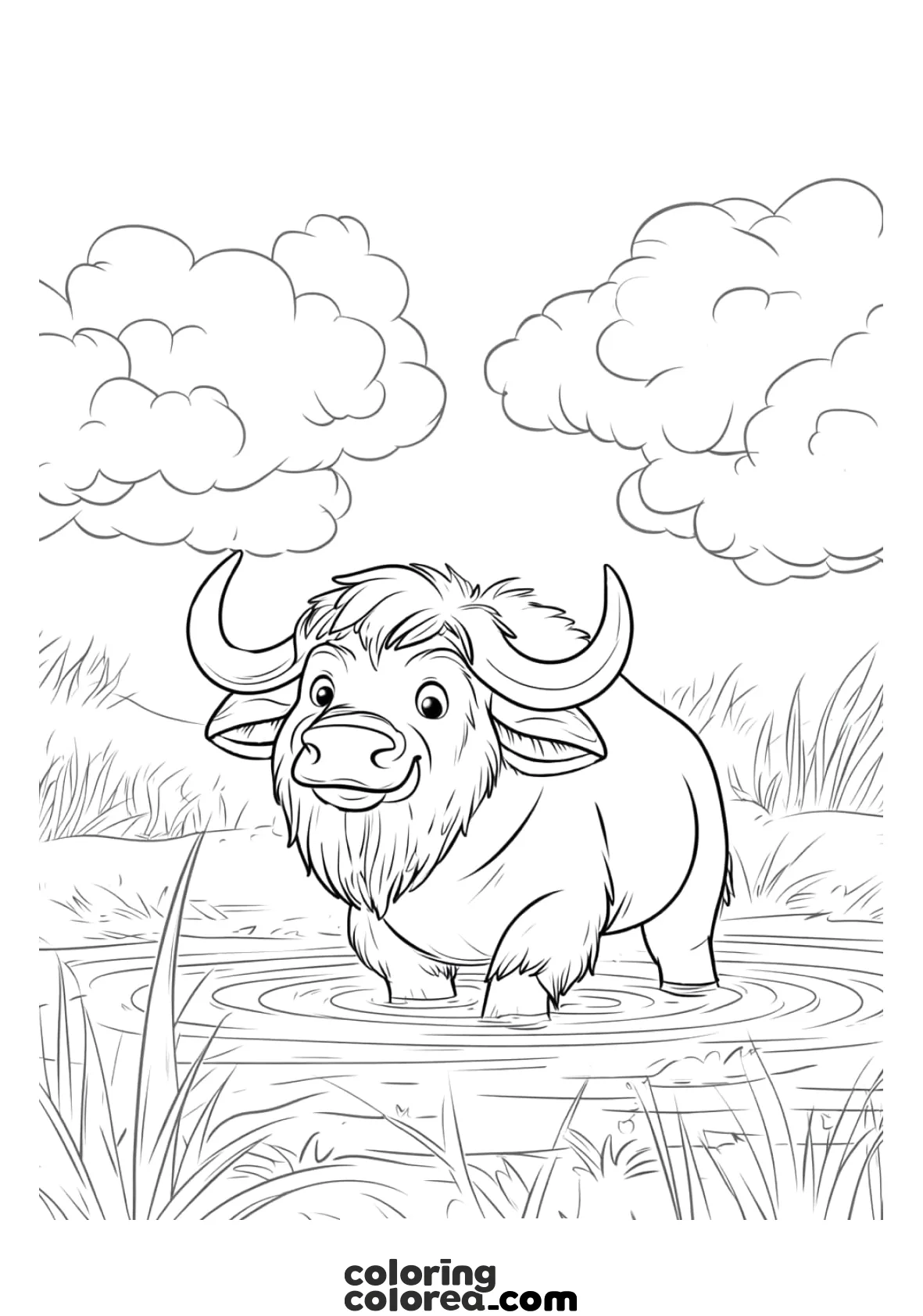 Drawing for colouring of a wild buffalo