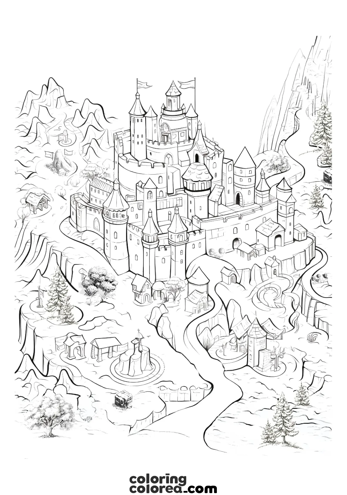 Colouring drawing of a castle and its village