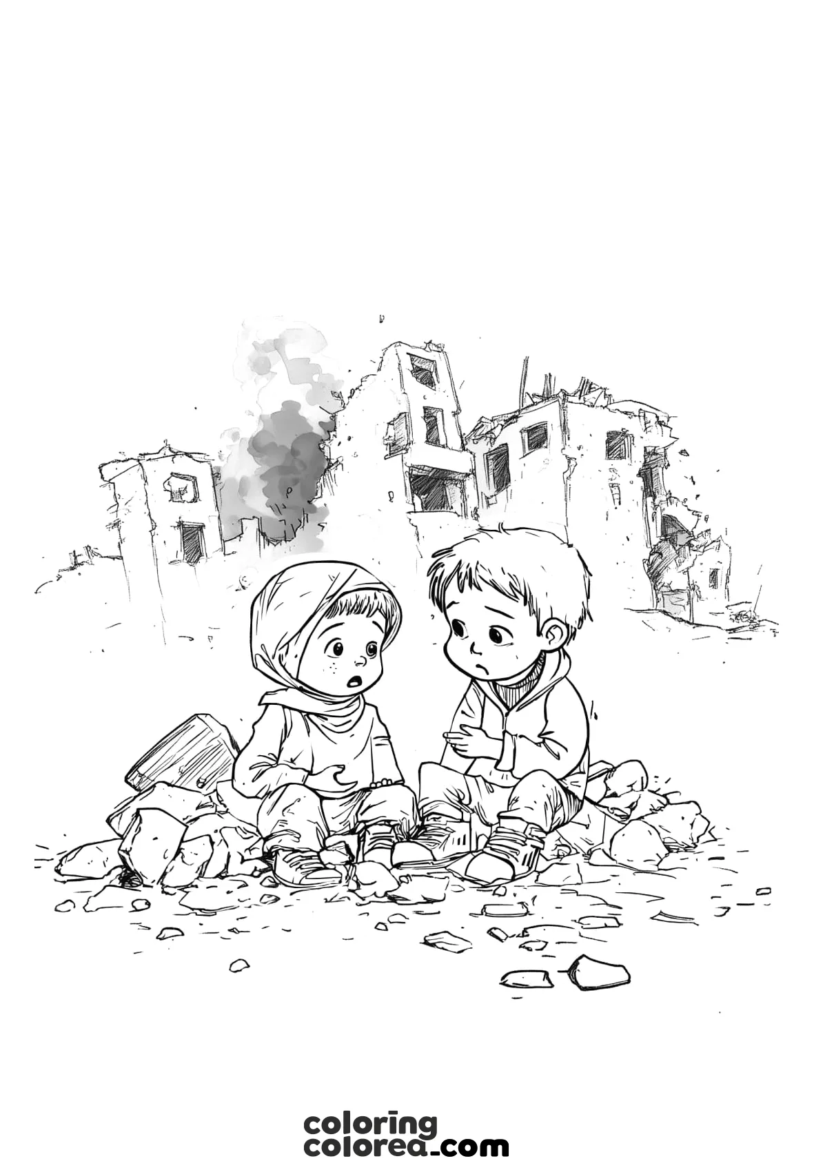 Drawing for colouring and thinking about the war: two children, brothers talking with the ruins in the background.