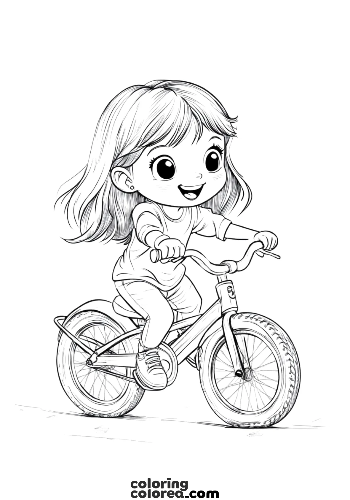 Dibujo para colorear de una niña montada en su bicicleta
