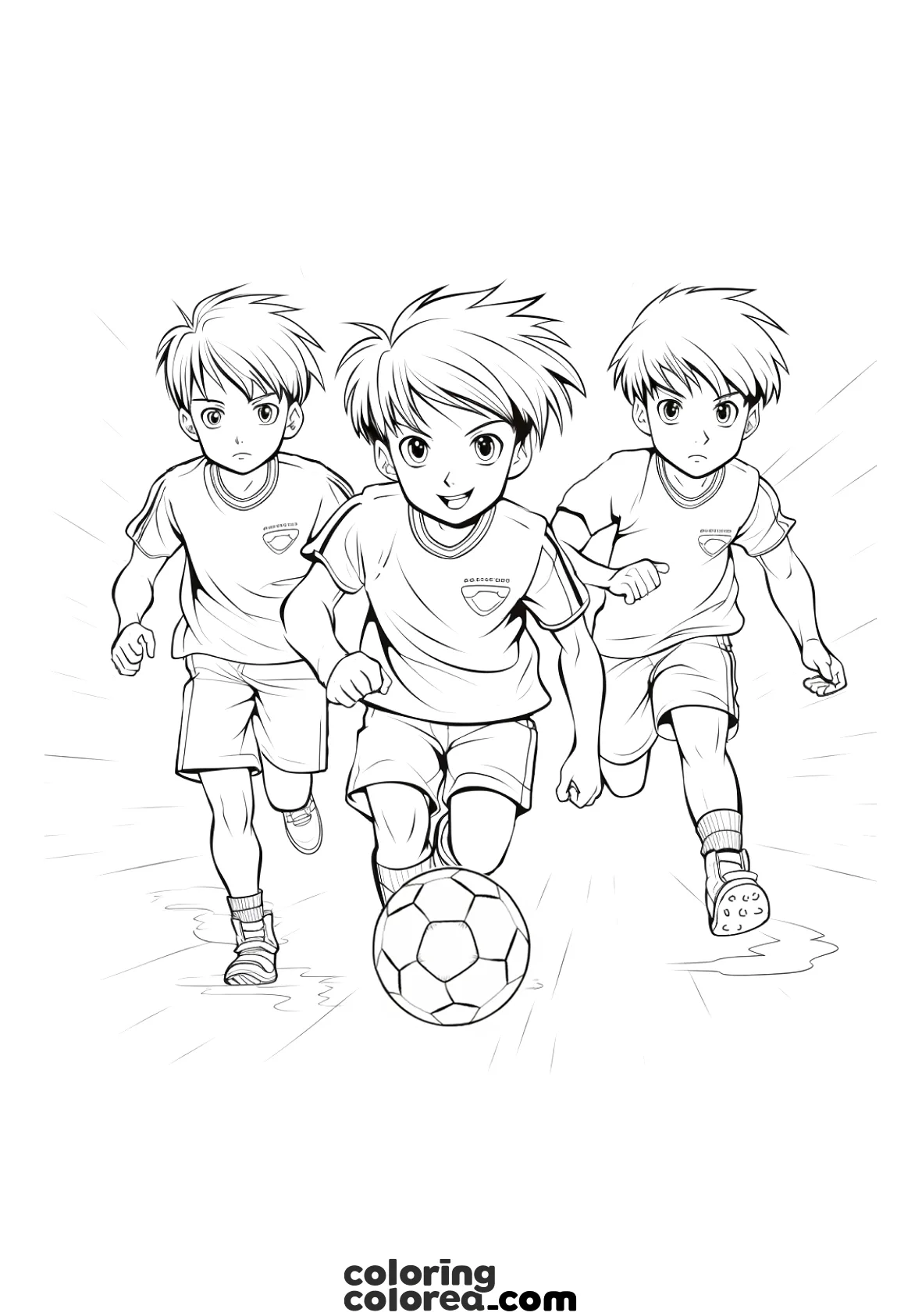 Colouring pages of three children playing football, running after the ball.