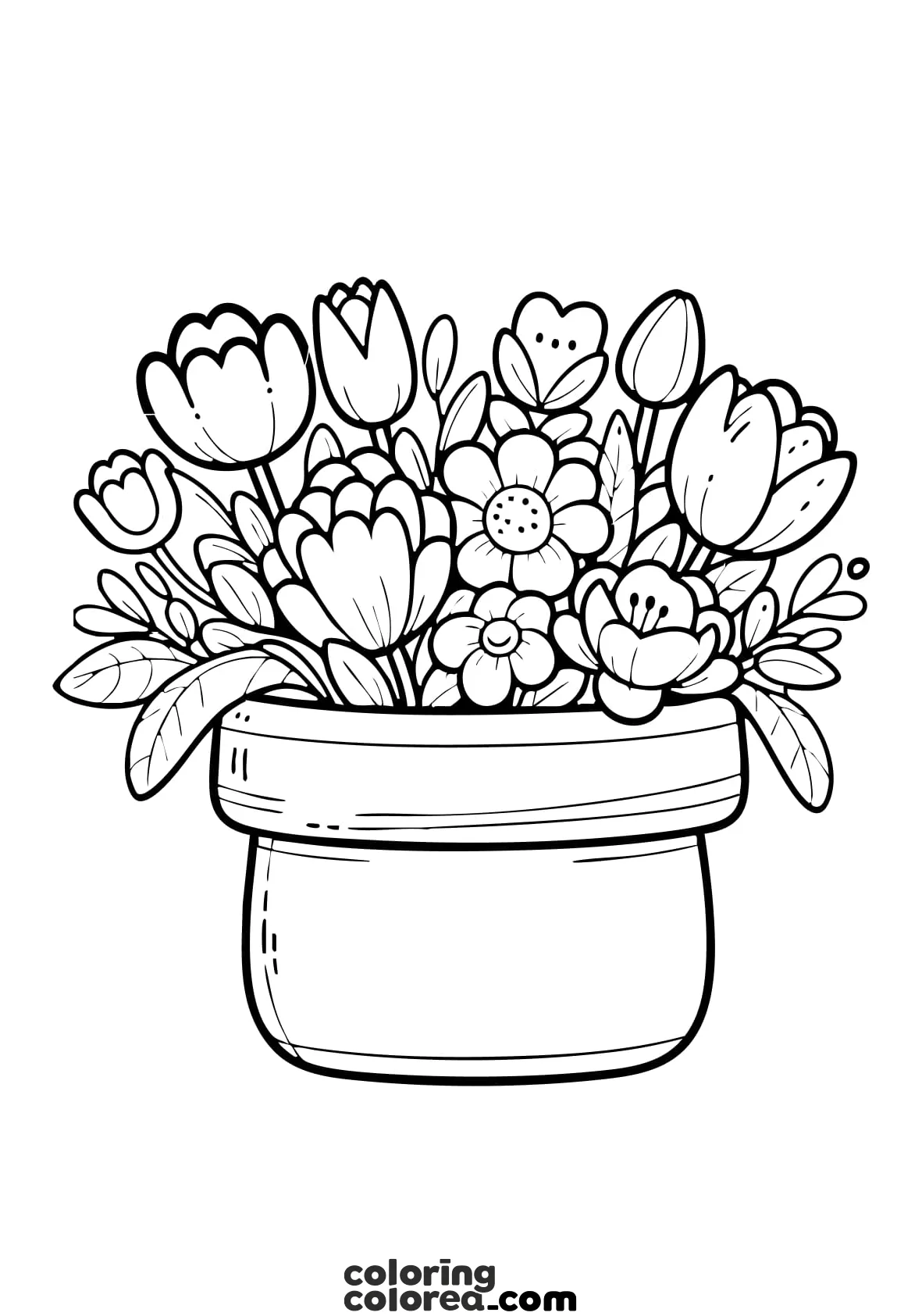 Dibujo para colorear de una maceta con muchas flores