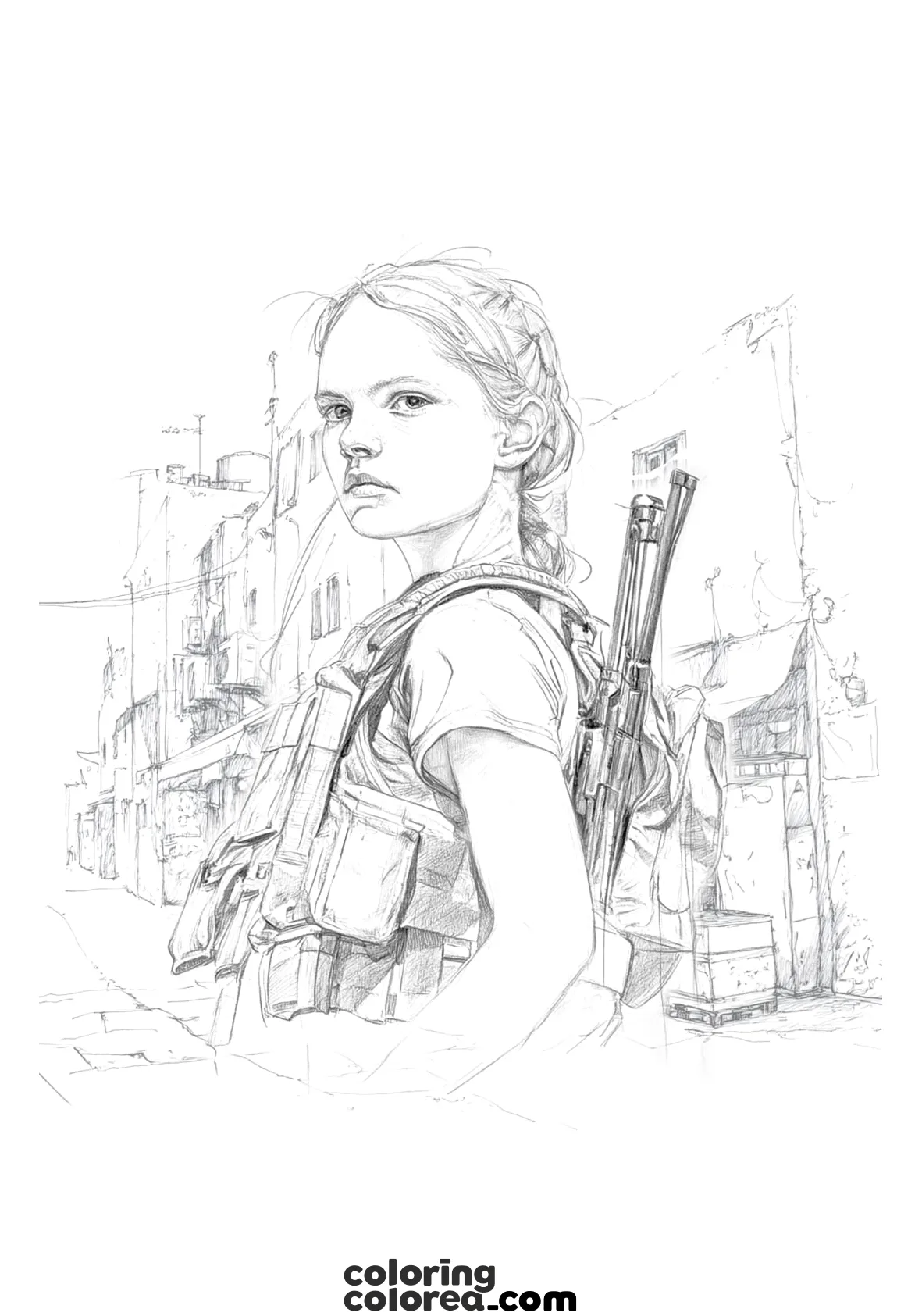 Dibujo para colorear de una chica joven en un escenario de guerra