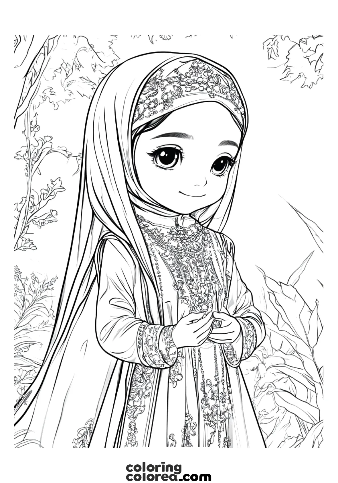 Dibujo de una princesa asiática vistiendo un traje típico de Malasia llamado baju kurung