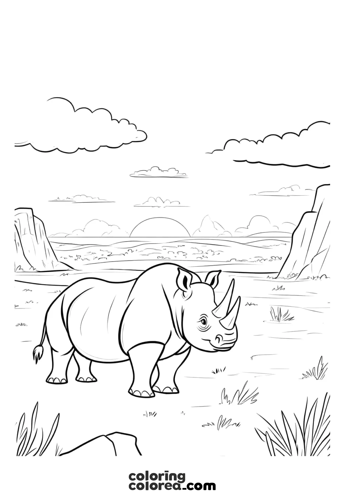 Colouring drawing of an adult rhinoceros in the African Savannah