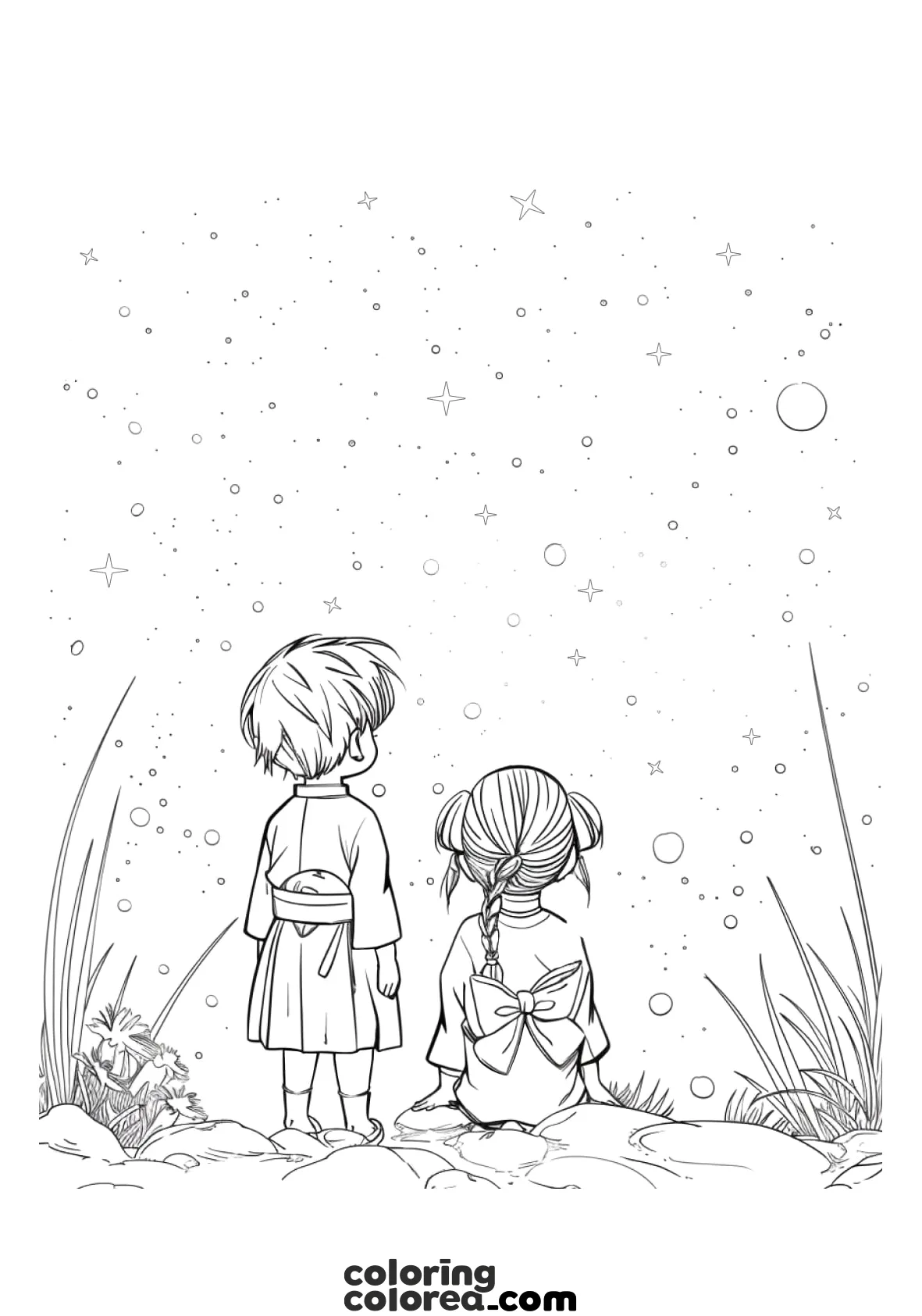 Colouring pages of two children observing the stars, with Asian aesthetics.