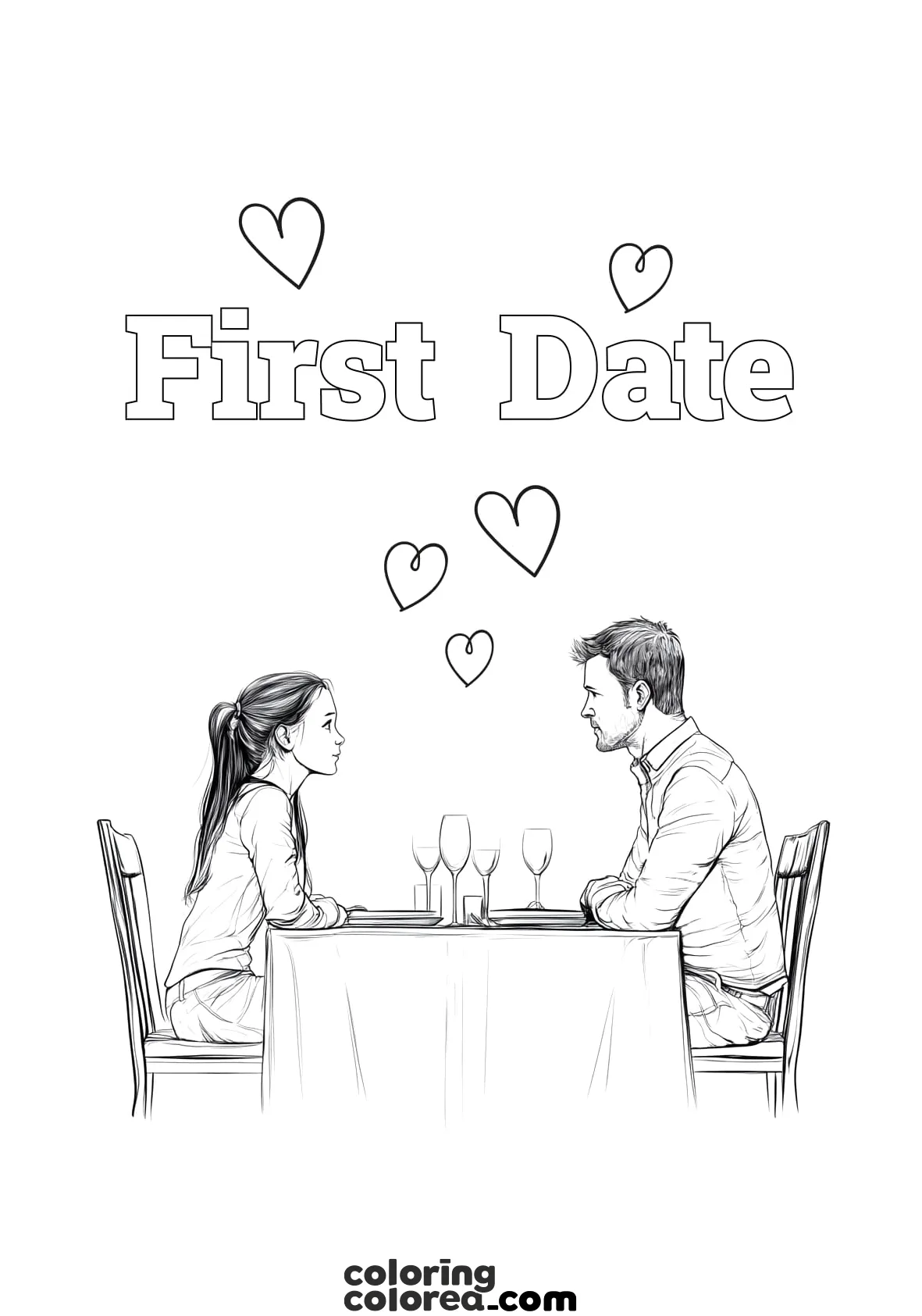 Dibujo para colorear de una pareja en su primera cita. Viva San Valentin y el amor
