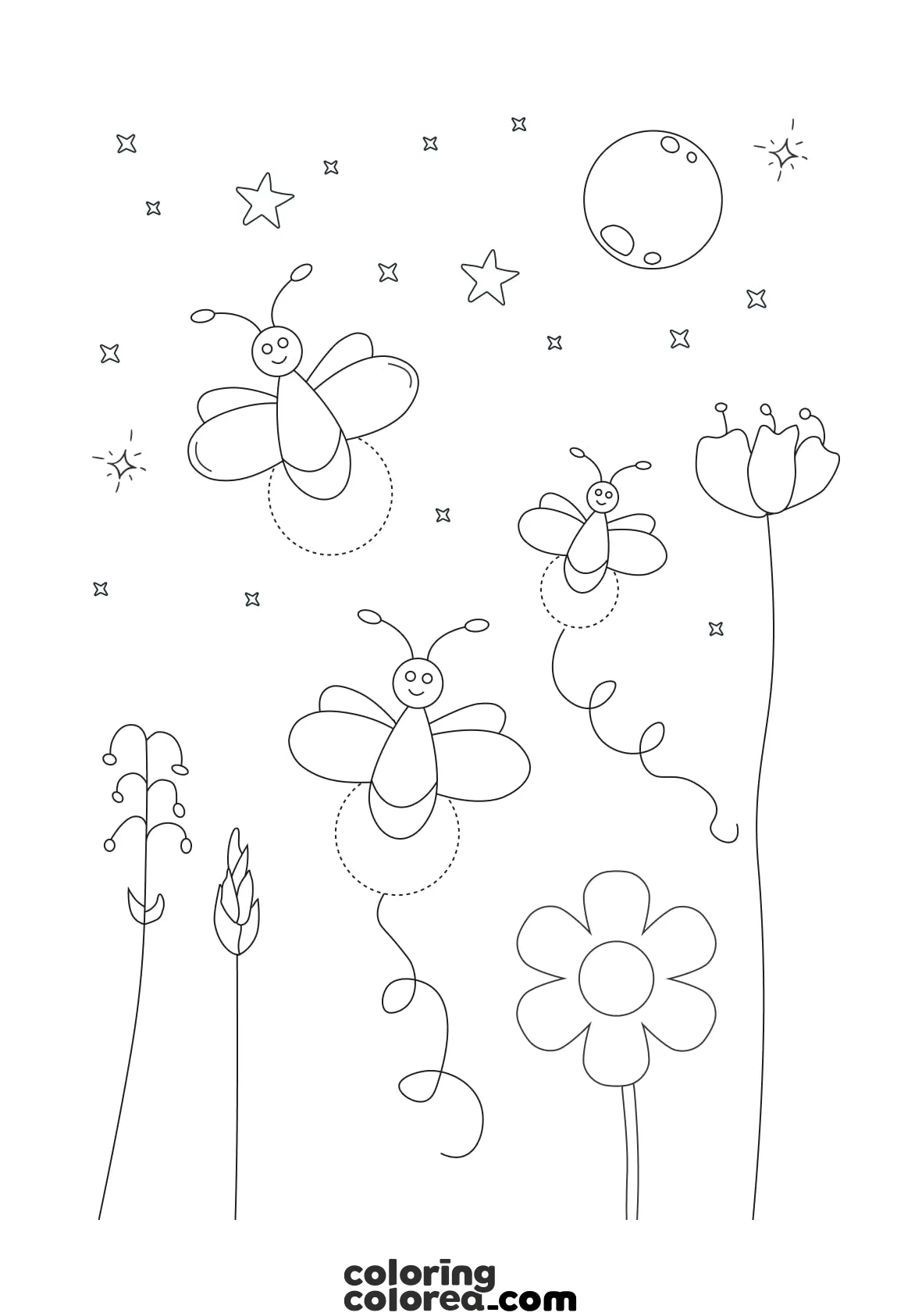 Colouring drawing of fireflies fluttering in the night