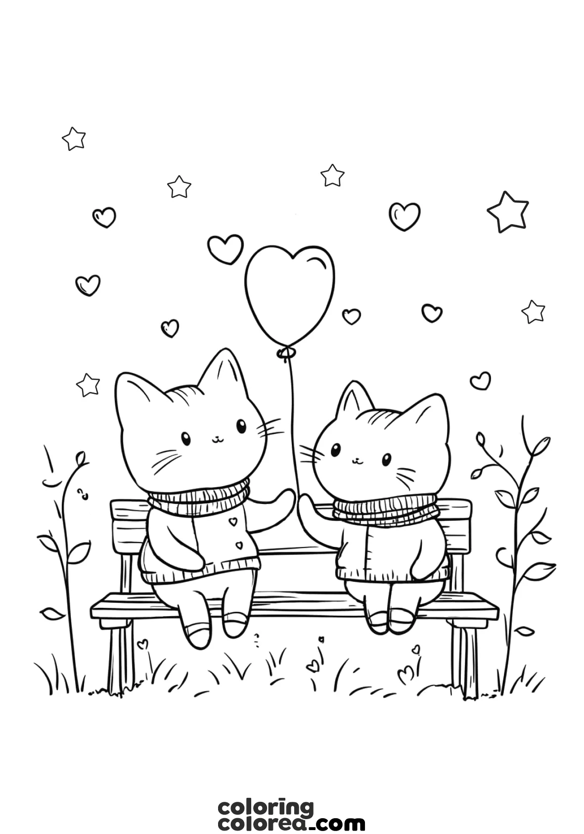 Colouring drawing of kittens in love for Valentine's Day