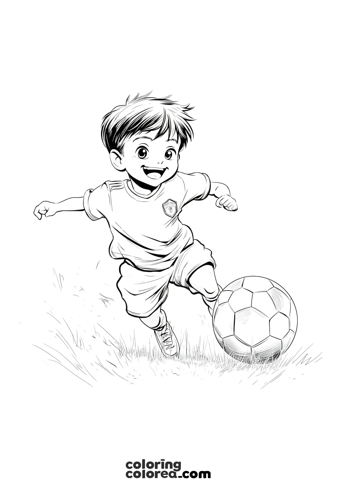 Colouring drawing of a boy playing football