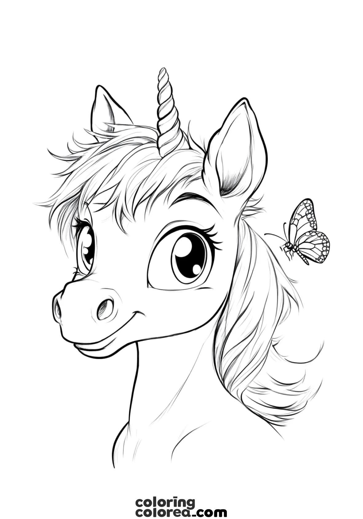 Drawing for colouring of a portrait of a unicorn and a butterfly