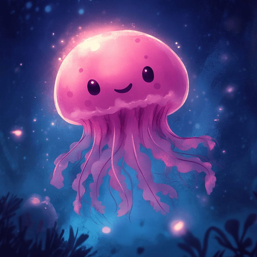 Children's drawing of an amusing jellyfish in the deep sea
