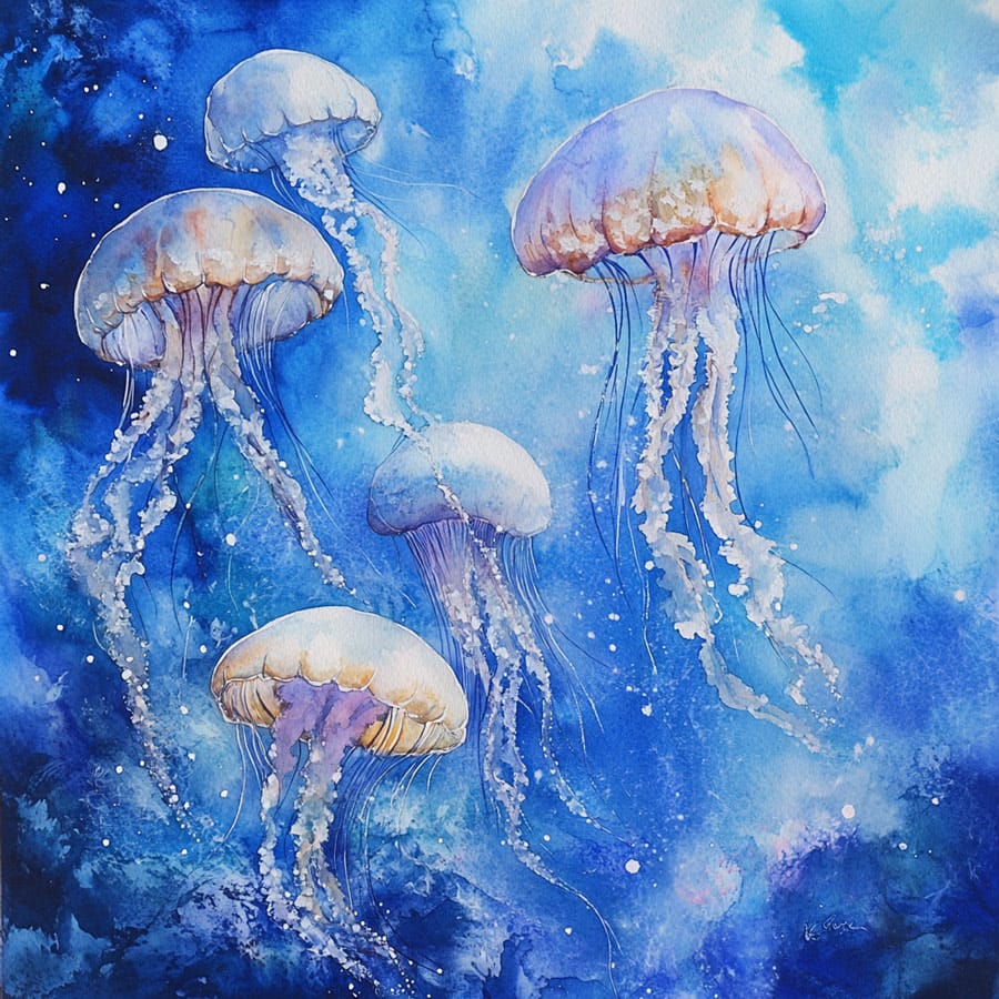 Painting of a group of jellyfish floating to the surface