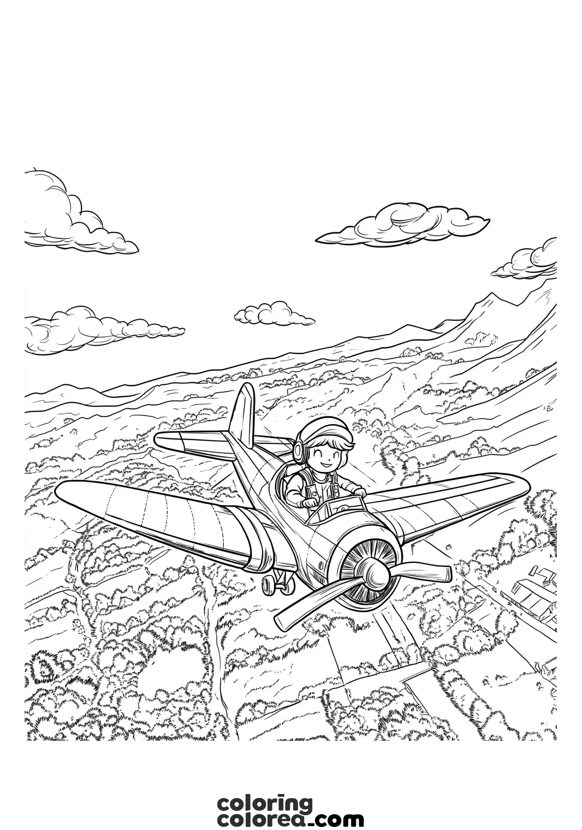 Drawing for colouring of a plane flying over a beautiful landscape
