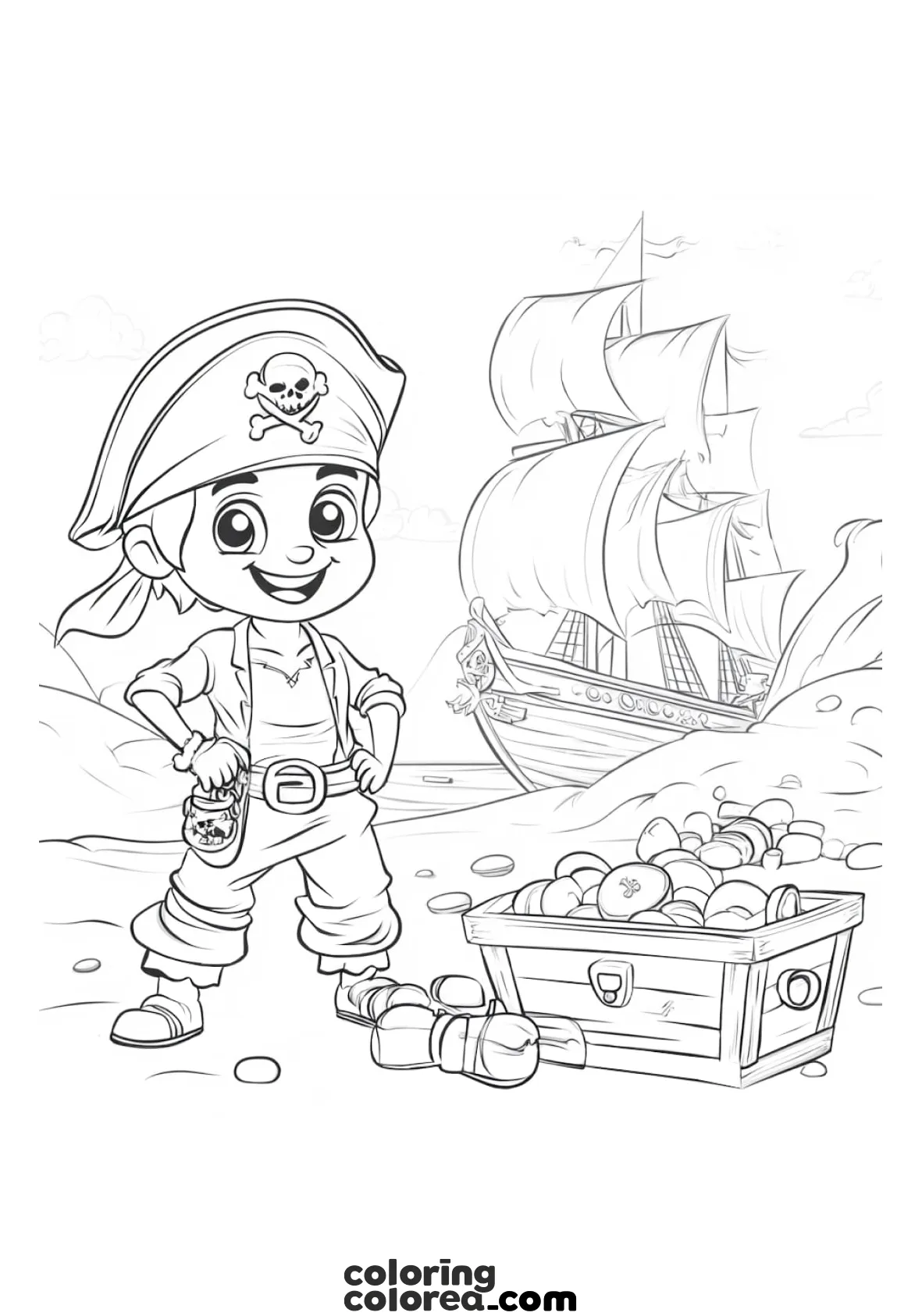 Free colouring drawing of a pirate with his treasure