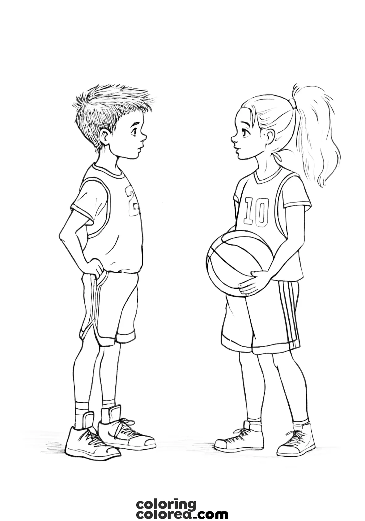 Colouring drawing of a girl and a boy pulling a basketball ball