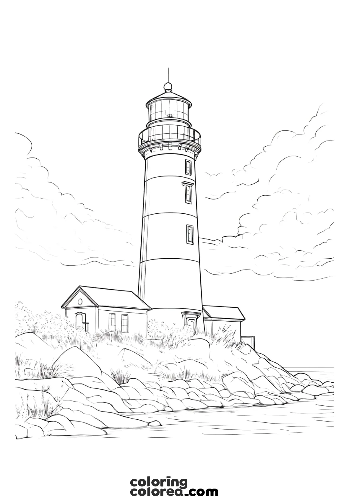 Colouring drawing of a typical lighthouse at the foot of the cape