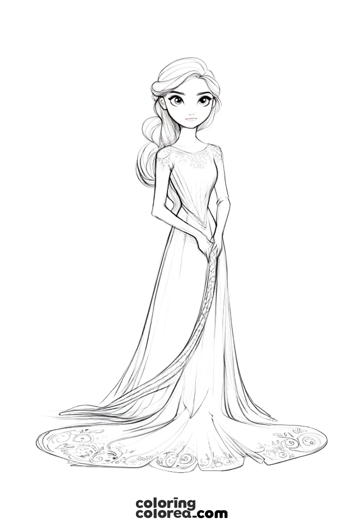 Colouring drawing of a beautiful princess in a flowing ball gown